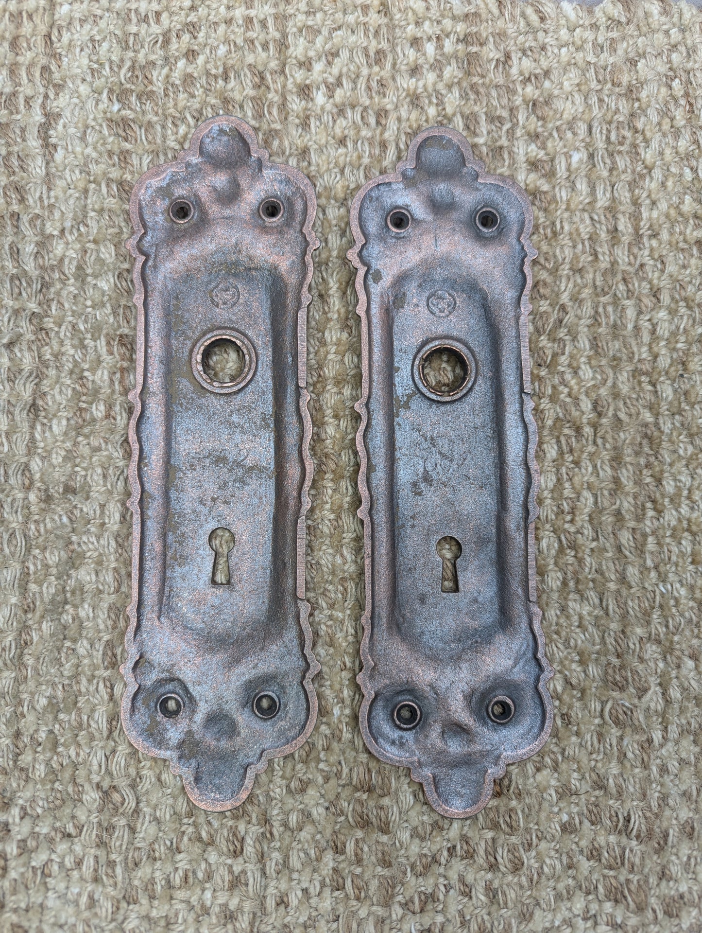 Antique Yale & Towne Monaco Cast Iron Door Knobs and Plates Set Circa 1905