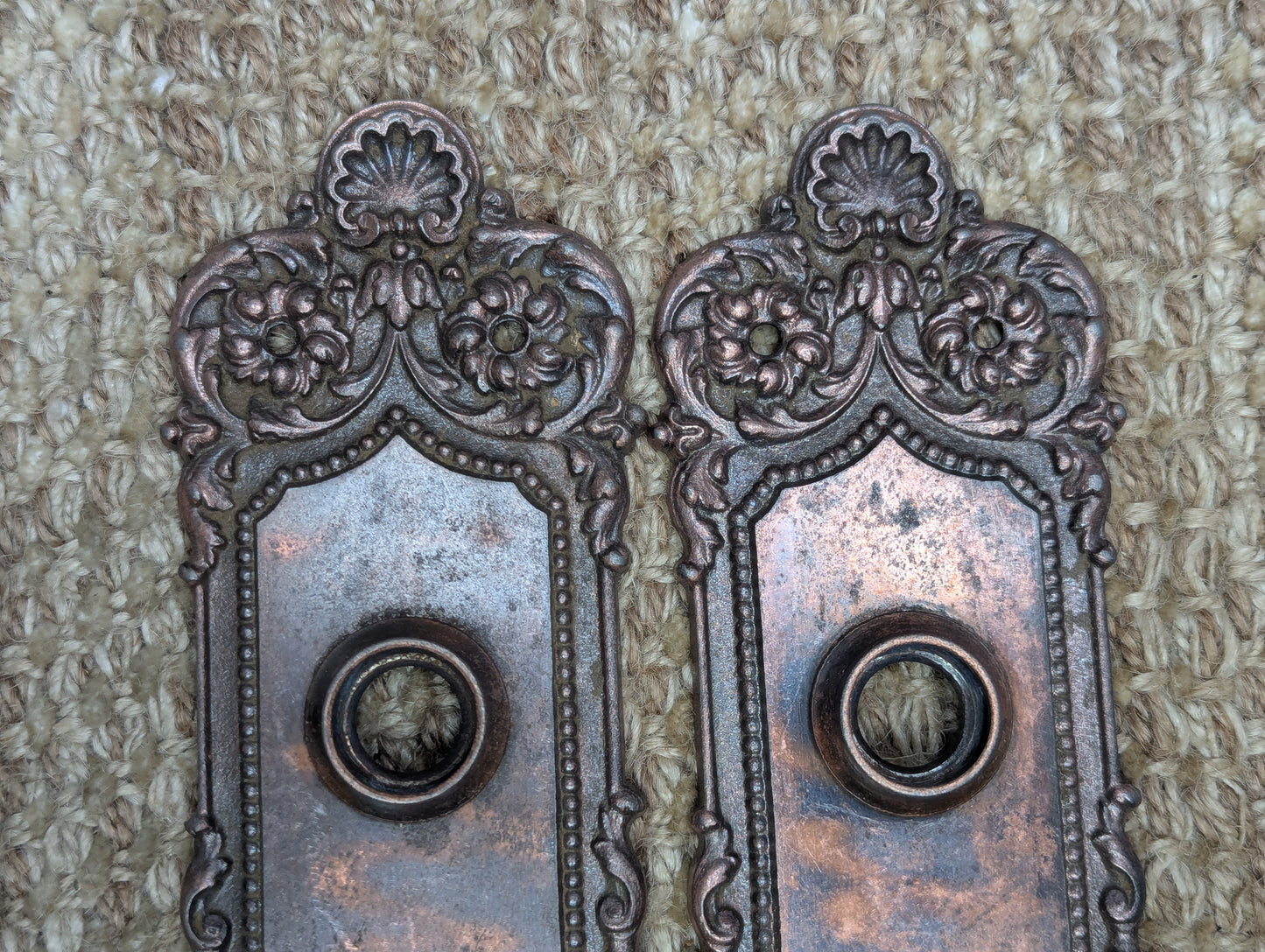 Antique Yale & Towne Monaco Cast Iron Door Knobs and Plates Set Circa 1905