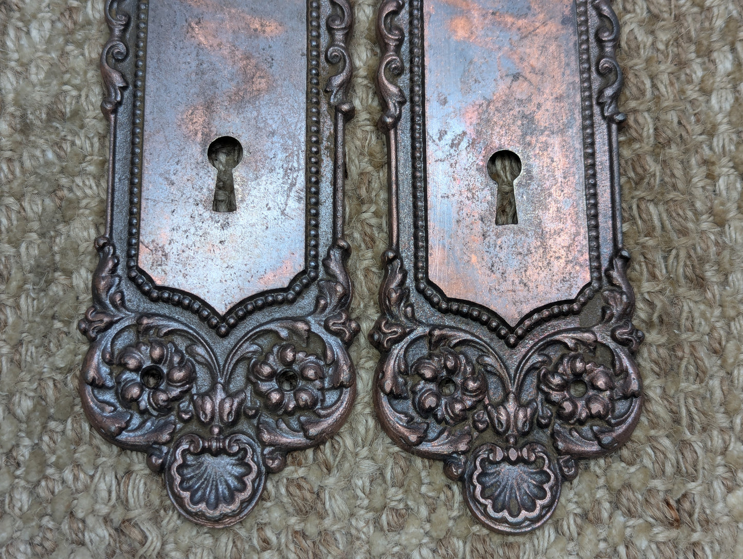 Antique Yale & Towne Monaco Cast Iron Door Knobs and Plates Set Circa 1905