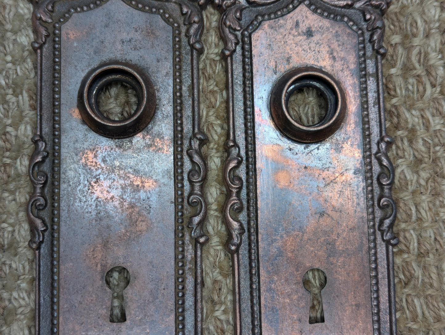 Antique Yale & Towne Monaco Cast Iron Door Knobs and Plates Set Circa 1905