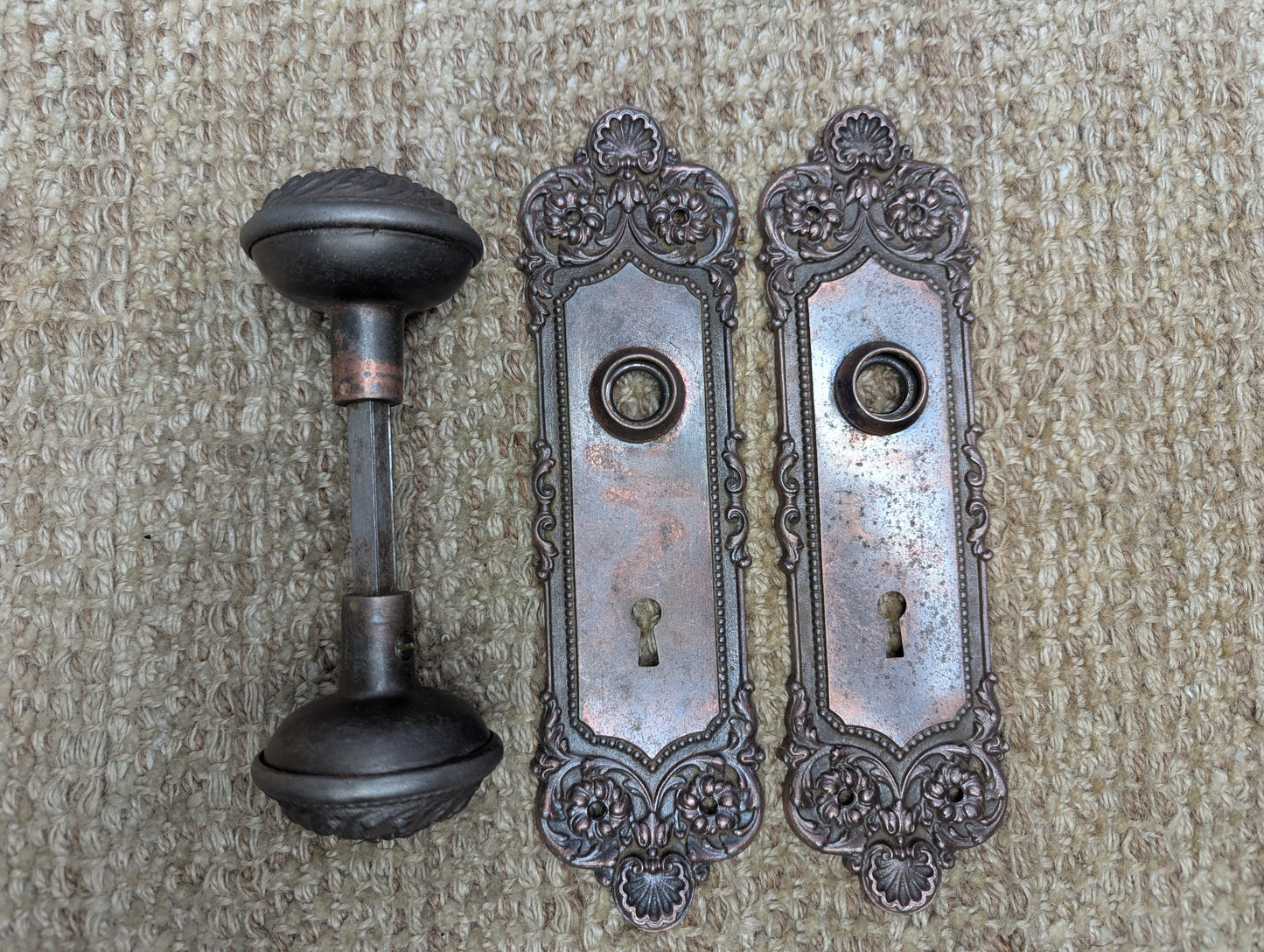 Antique Yale & Towne Monaco Cast Iron Door Knobs and Plates Set Circa 1905