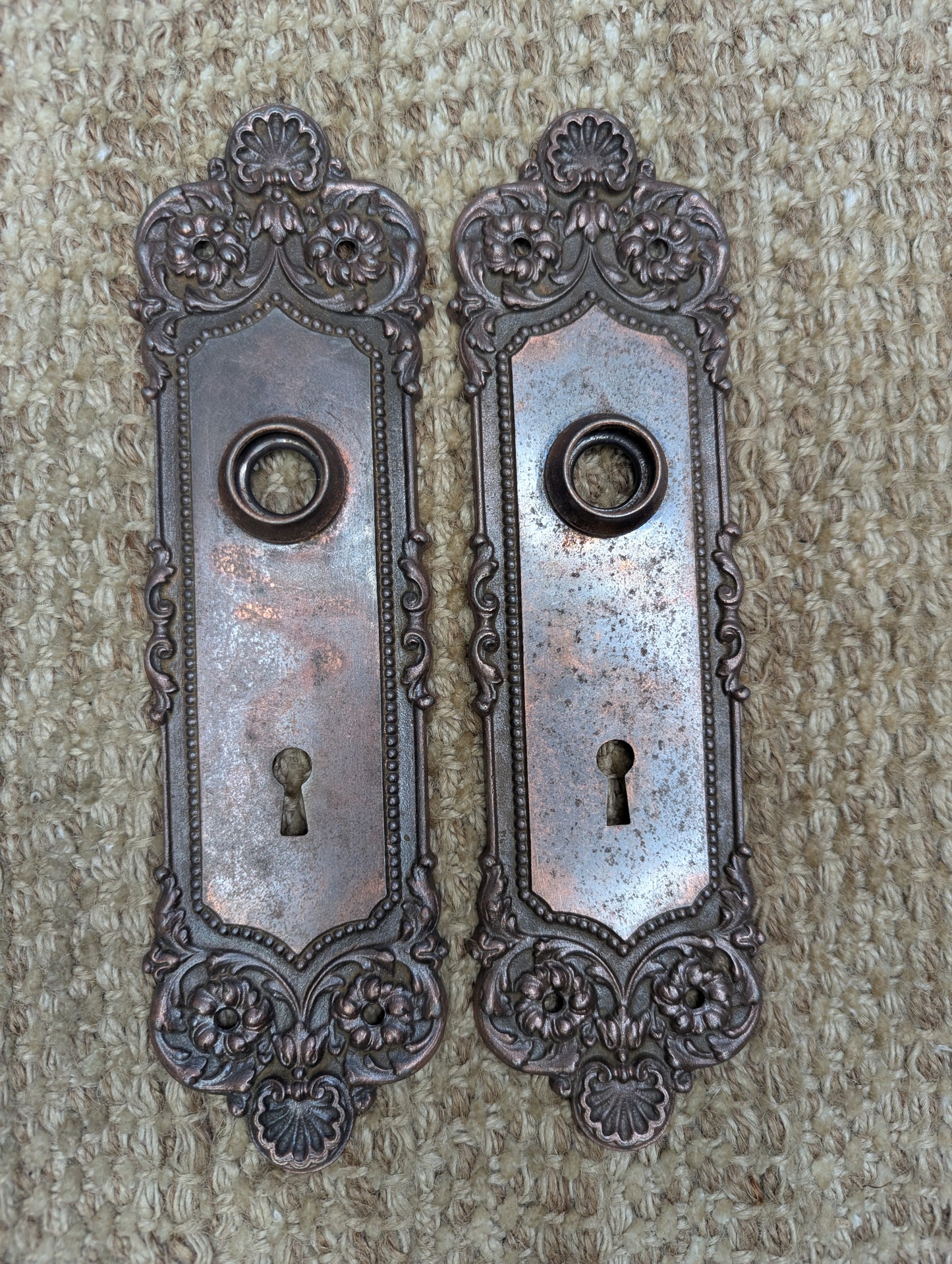 Antique Yale & Towne Monaco Cast Iron Door Knobs and Plates Set Circa 1905