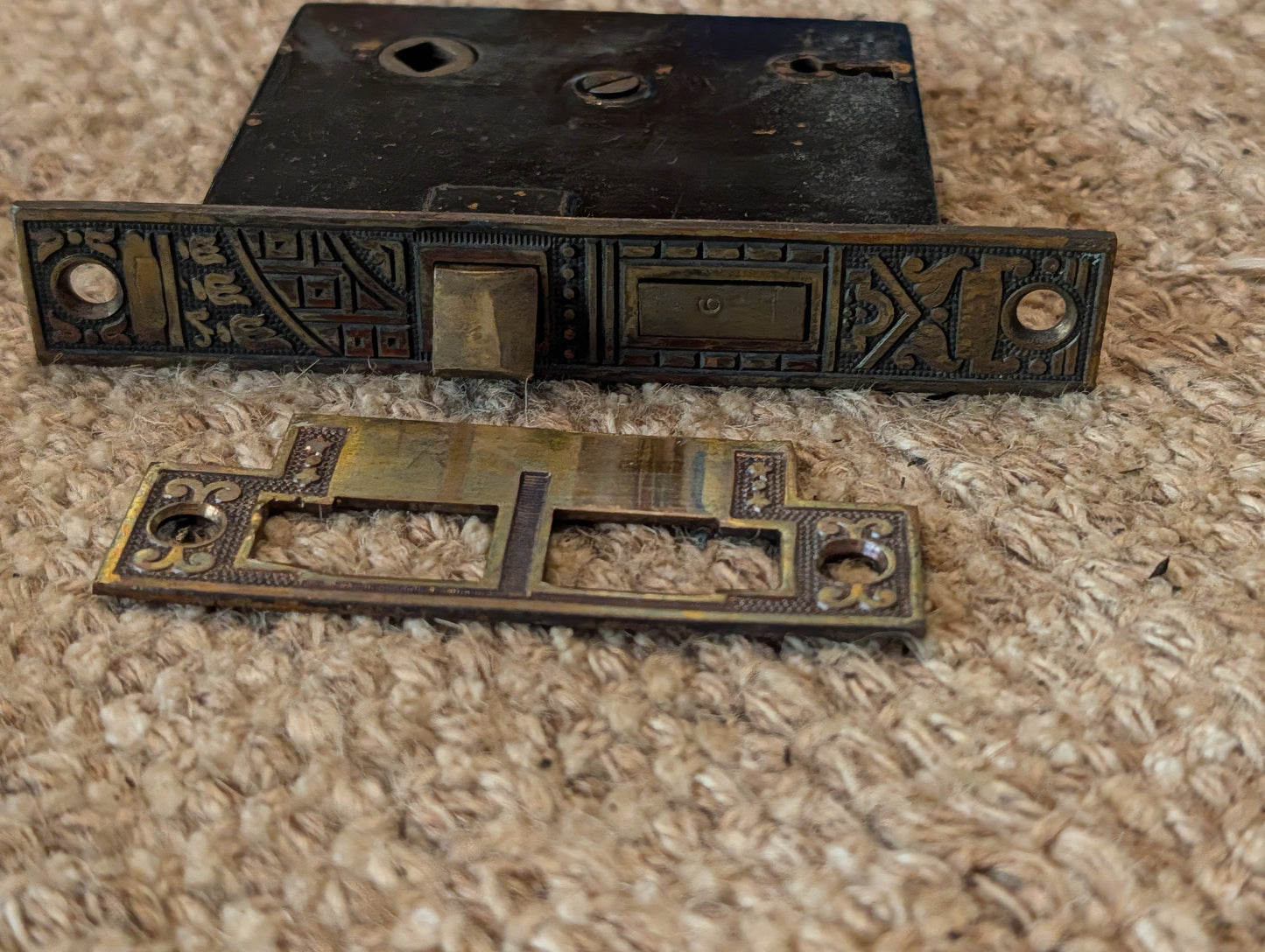 Antique Corbin Ceylon Mortise Lock, Key and Strike Plate