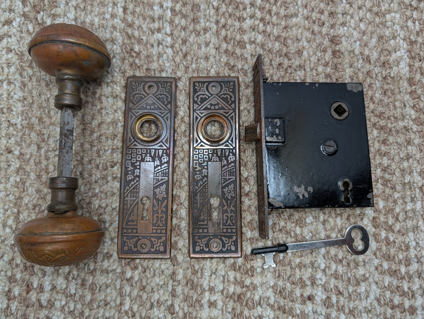 Antique Corbin Ceylon Mortise Lock W/Key, Door Plates & Door Knobs Set