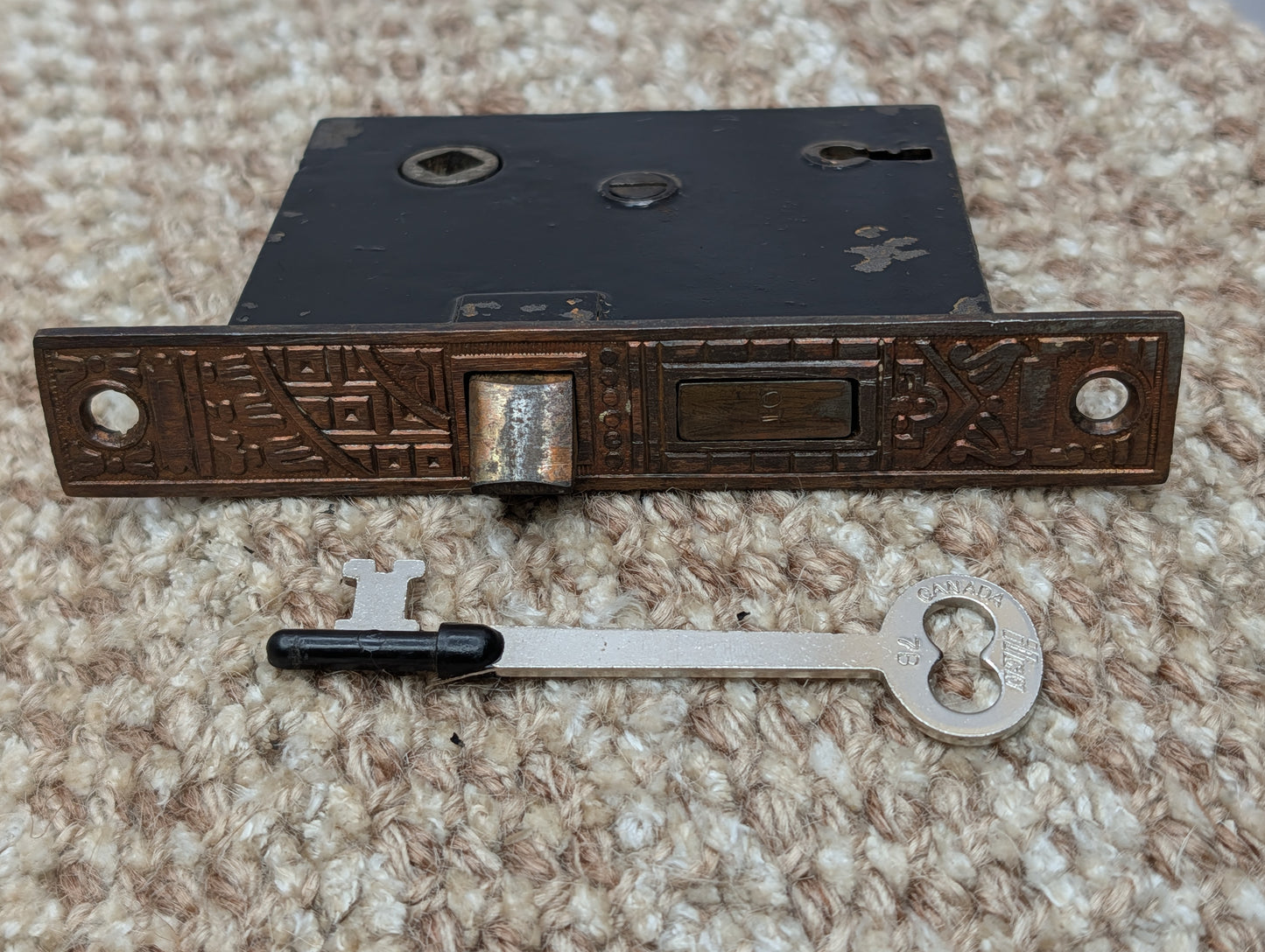 Antique Corbin Ceylon Mortise Lock W/Key, Door Plates & Door Knobs Set