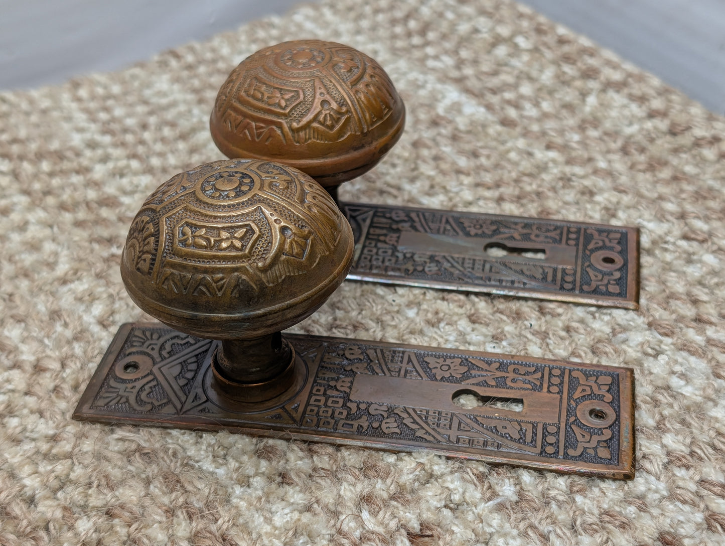 Antique Corbin Ceylon Mortise Lock W/Key, Door Plates & Door Knobs Set