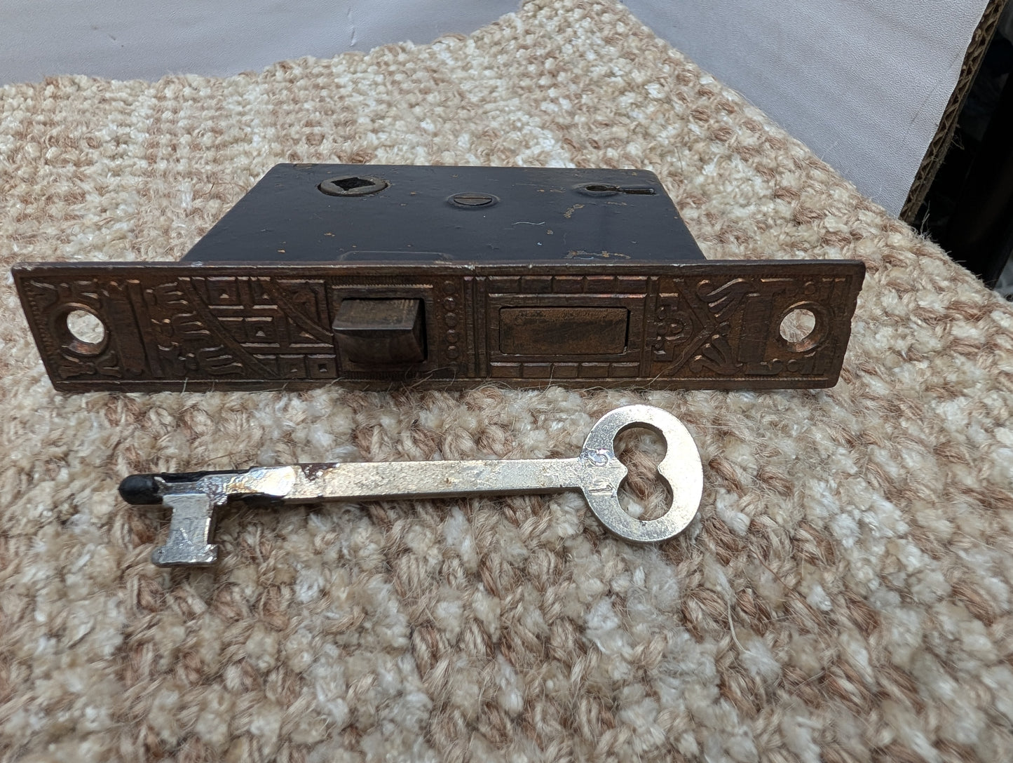 Antique Corbin Ceylon Mortise Lock W/Key, Door Plates & Door Knobs Set