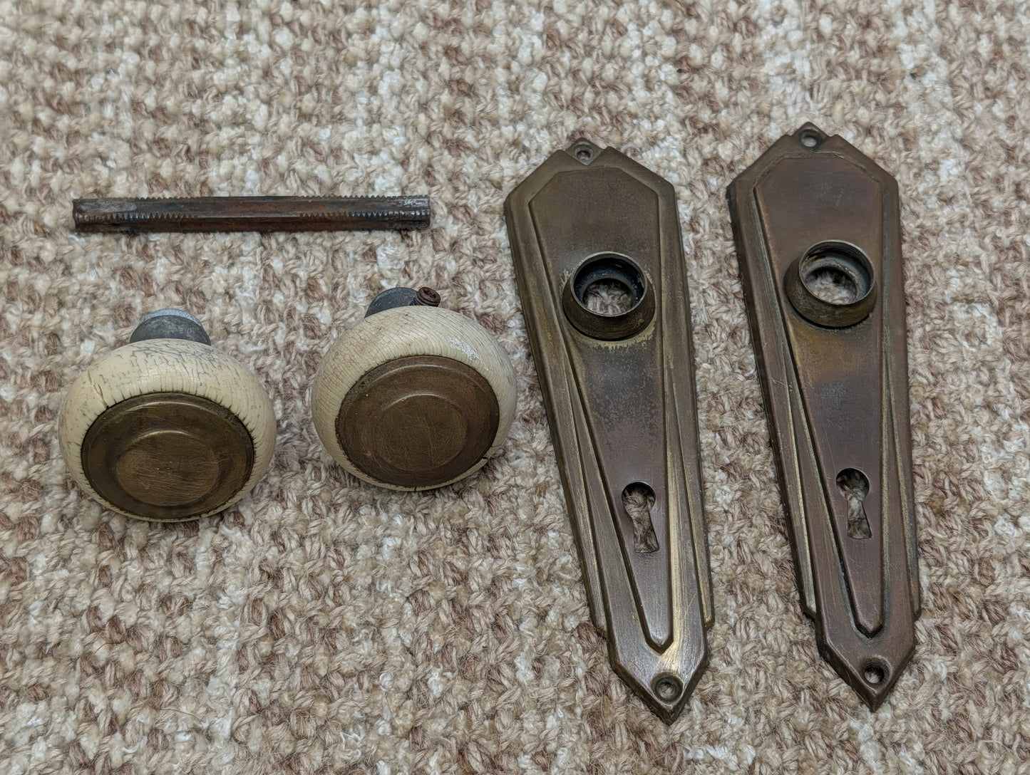 Antique Bakelite Door Knobs With 6 5/8" Brass Door Knob Plates - Circa 1930's