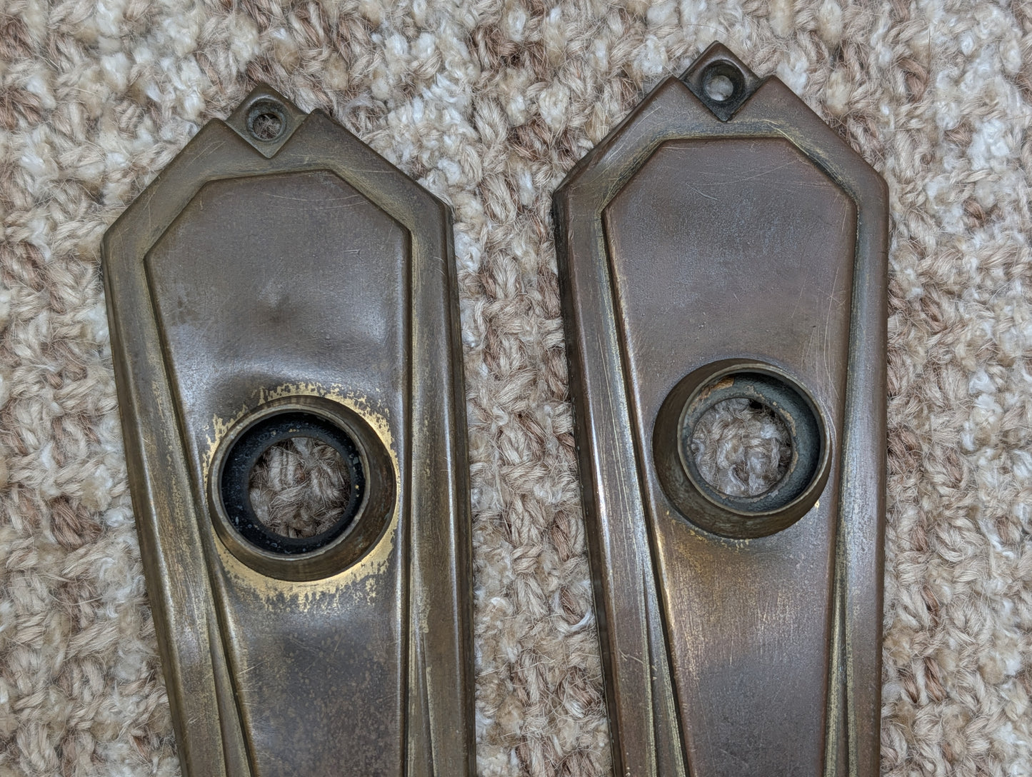 Antique Bakelite Door Knobs With 6 5/8" Brass Door Knob Plates - Circa 1930's