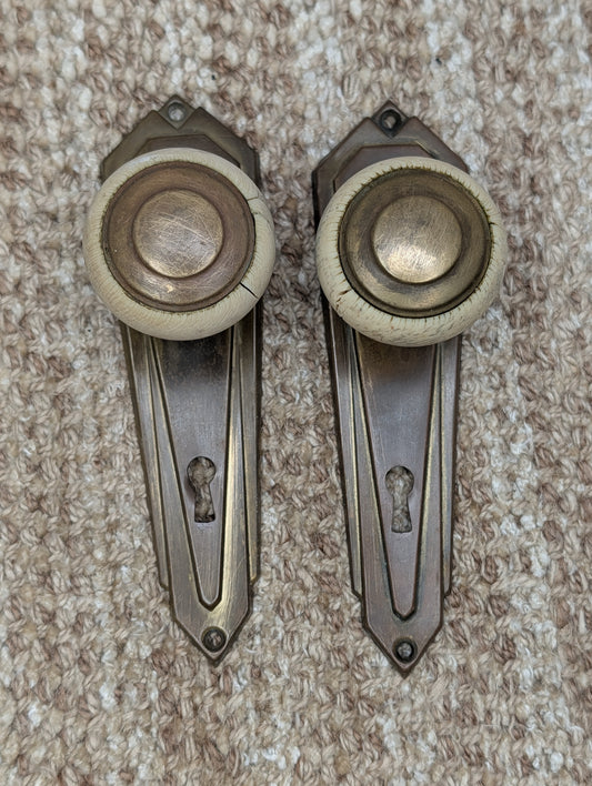 Antique Bakelite Door Knobs With 6 5/8" Brass Door Knob Plates - Circa 1930's