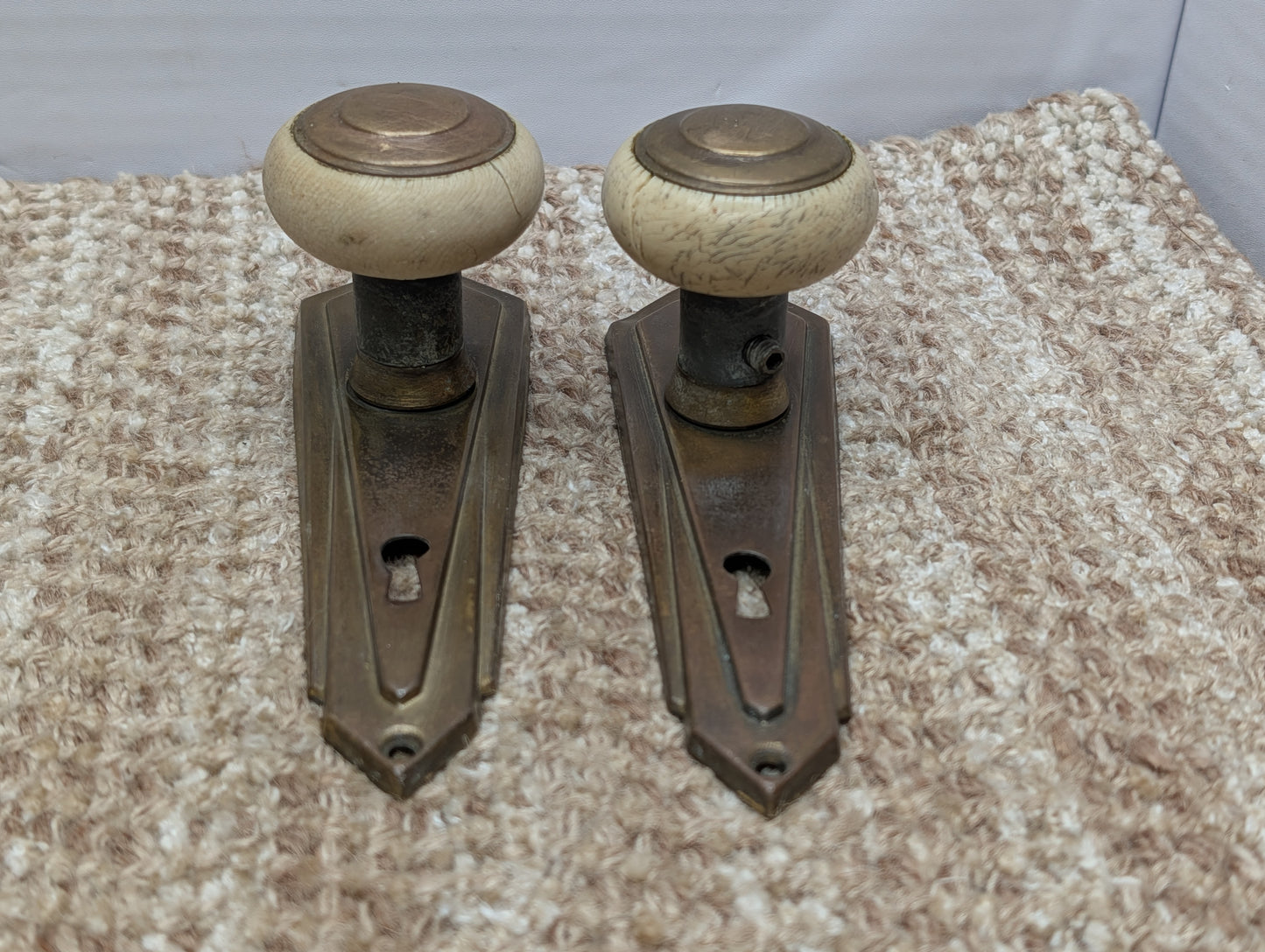 Antique Bakelite Door Knobs With 6 5/8" Brass Door Knob Plates - Circa 1930's