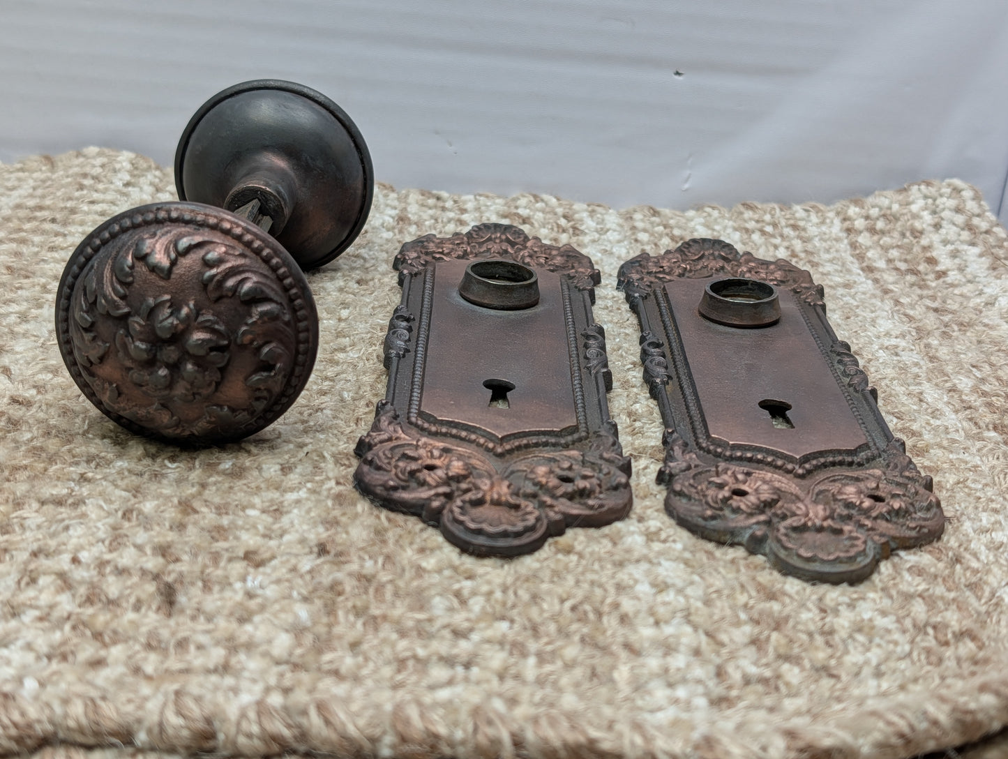 Antique Yale & Towne Monaco Cast Iron Door Knobs and Plates #509 Set Circa 1905