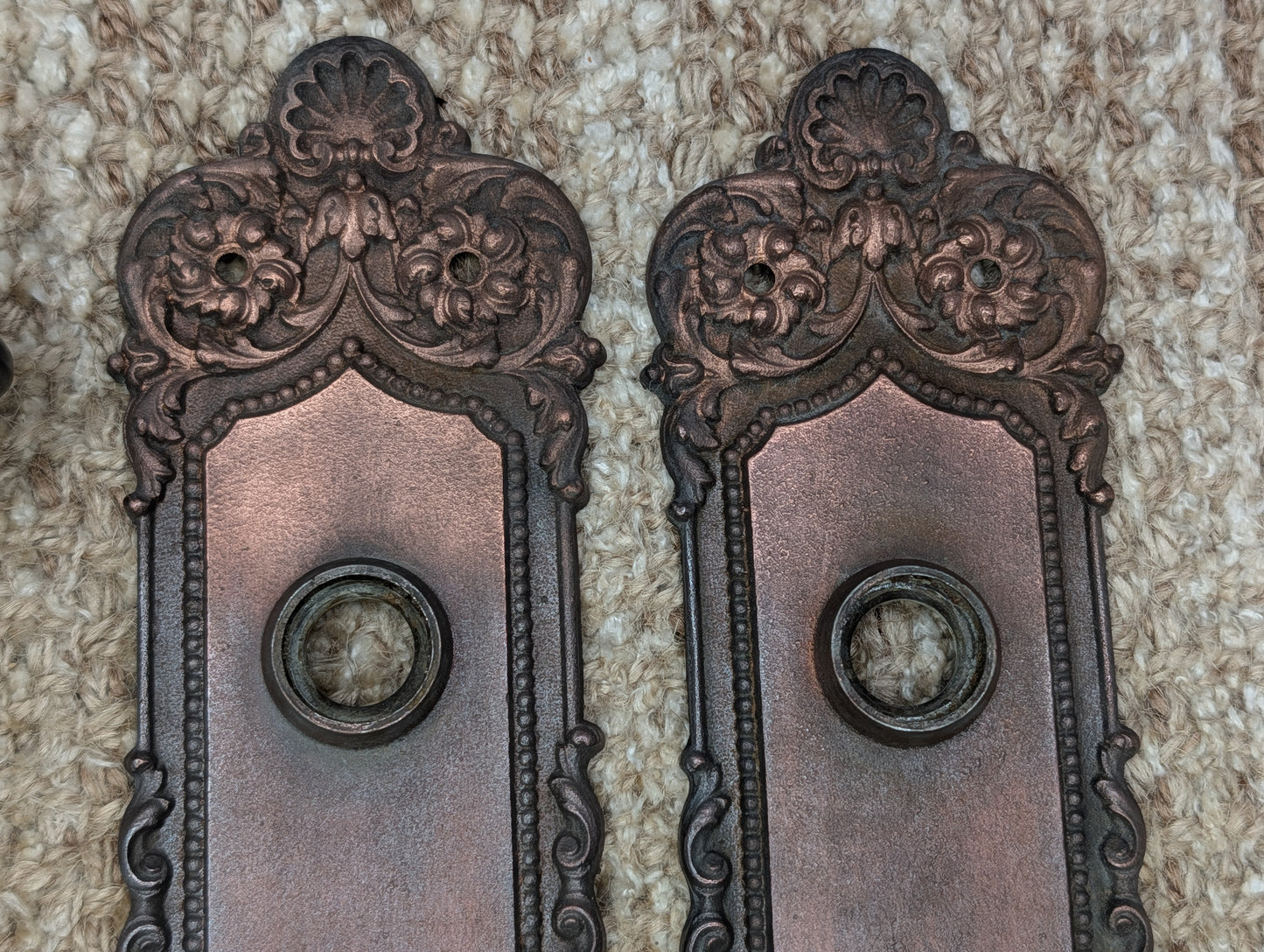 Antique Yale & Towne Monaco Cast Iron Door Knobs and Plates #509 Set Circa 1905