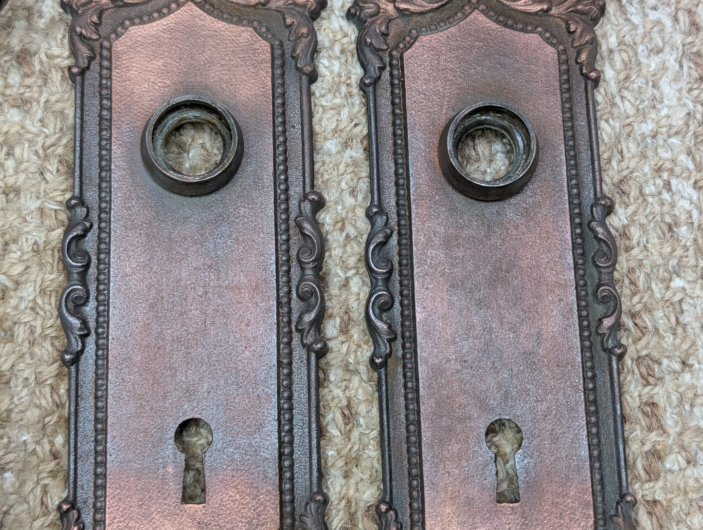 Antique Yale & Towne Monaco Cast Iron Door Knobs and Plates #509 Set Circa 1905