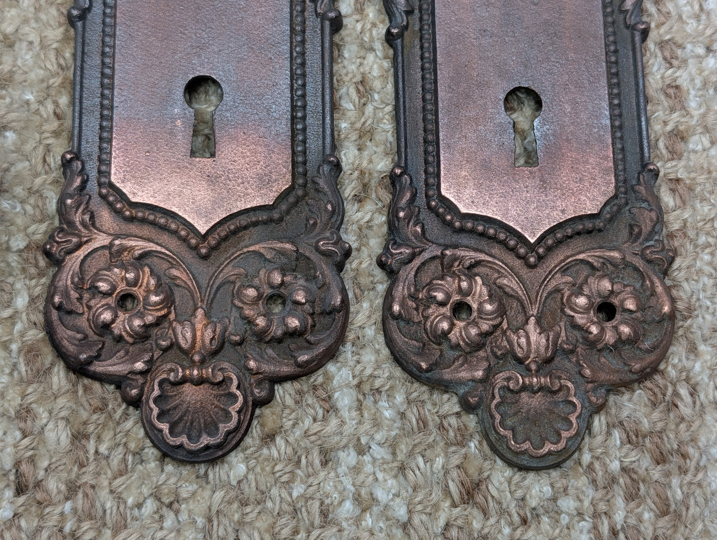 Antique Yale & Towne Monaco Cast Iron Door Knobs and Plates #509 Set Circa 1905