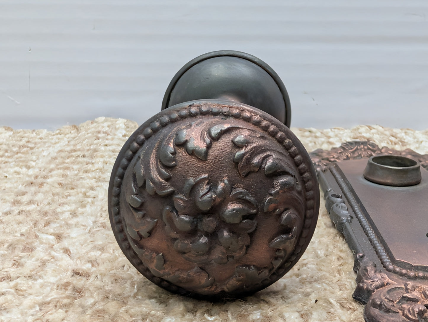 Antique Yale & Towne Monaco Cast Iron Door Knobs and Plates #509 Set Circa 1905