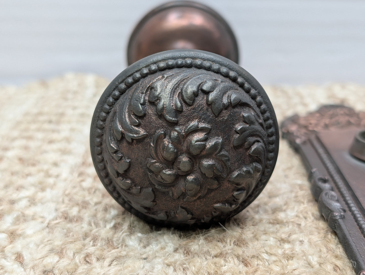 Antique Yale & Towne Monaco Cast Iron Door Knobs and Plates #509 Set Circa 1905
