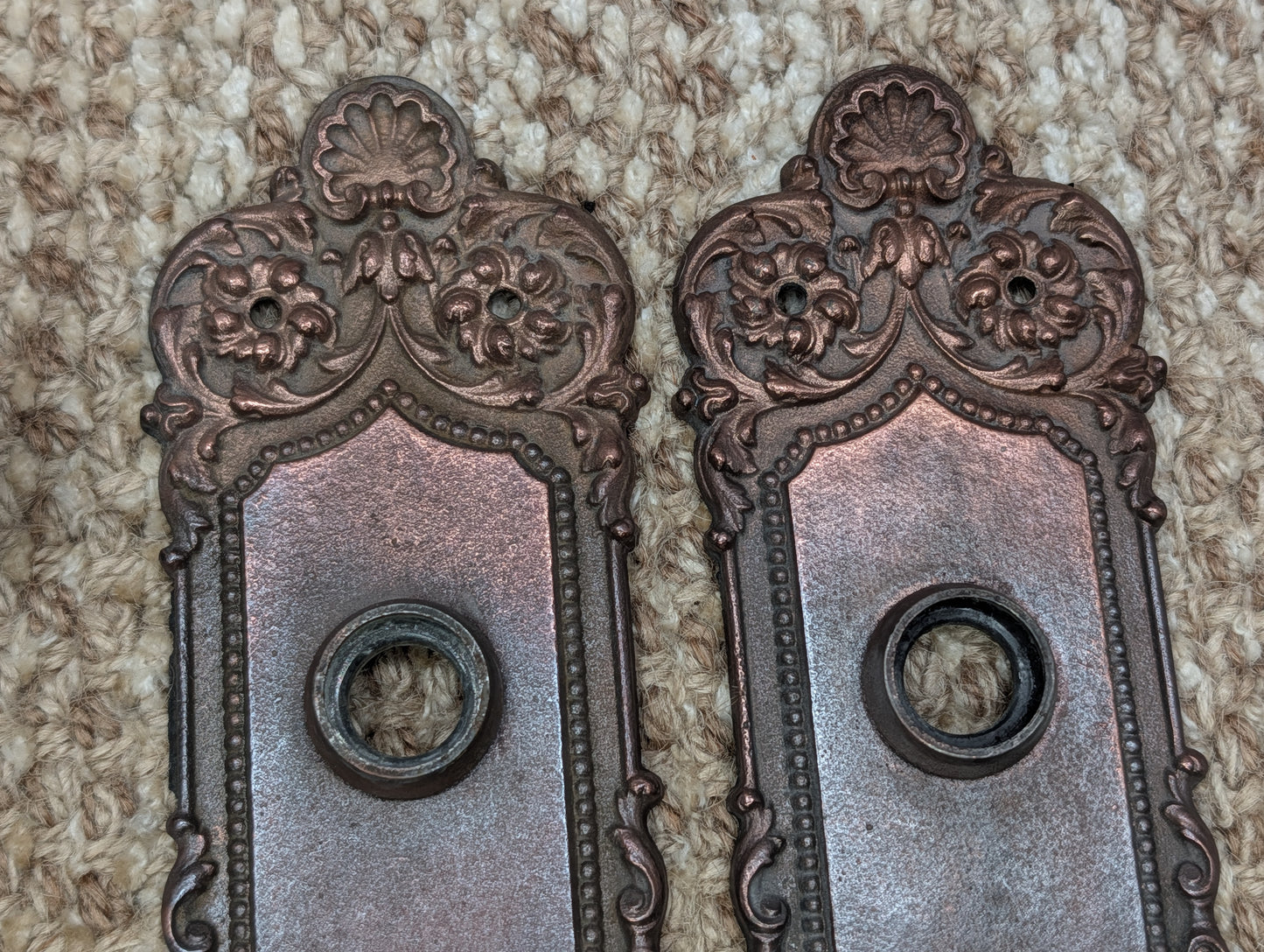 Antique Yale & Towne Monaco Cast Iron Door Knobs and Plates #509 Set Circa 1905