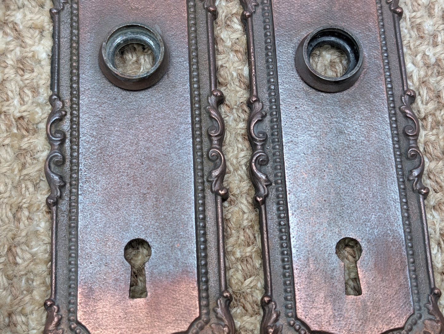 Antique Yale & Towne Monaco Cast Iron Door Knobs and Plates #509 Set Circa 1905