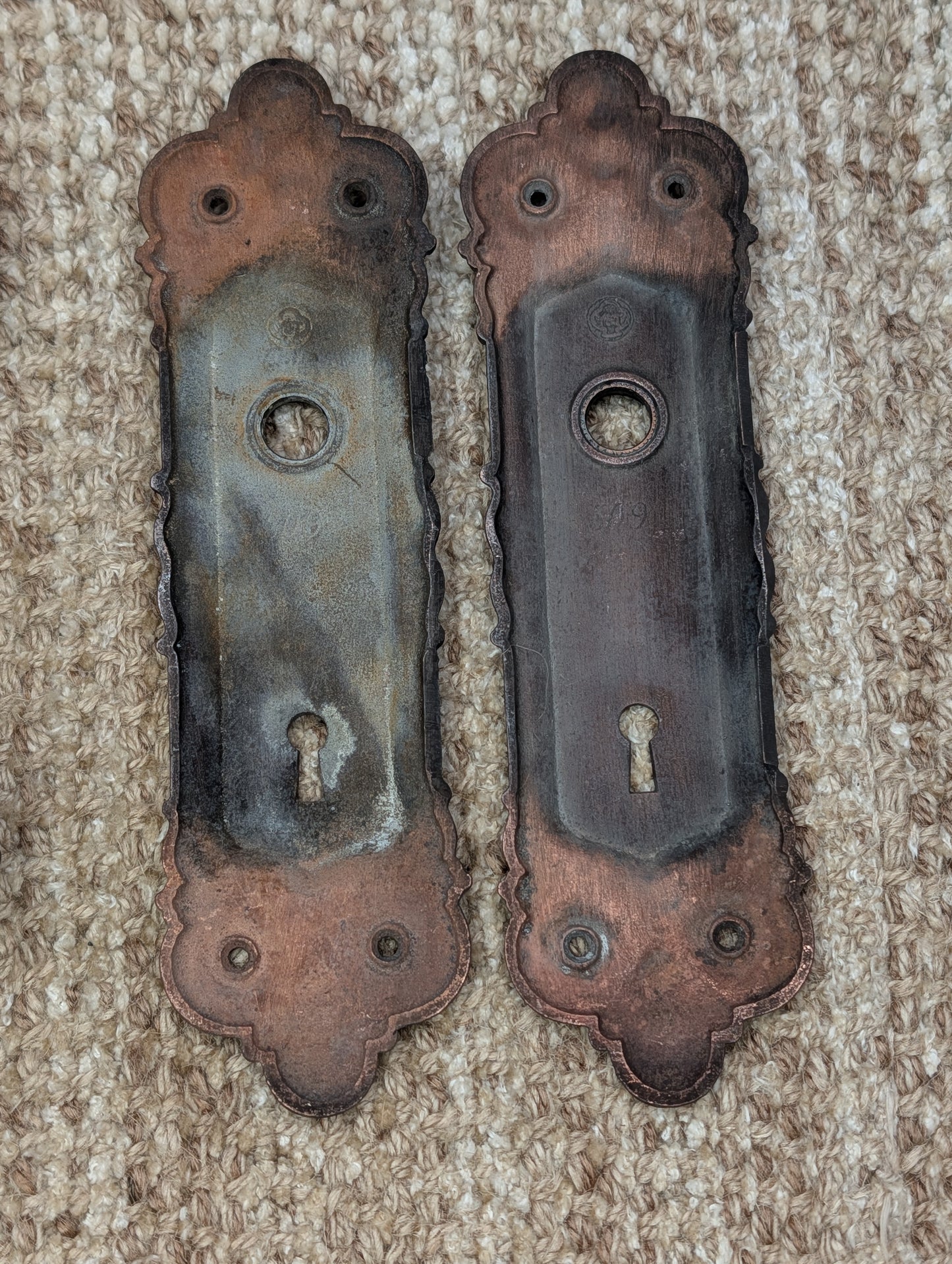 Antique Yale & Towne Monaco Cast Iron Door Knobs and Plates #509 Set Circa 1905