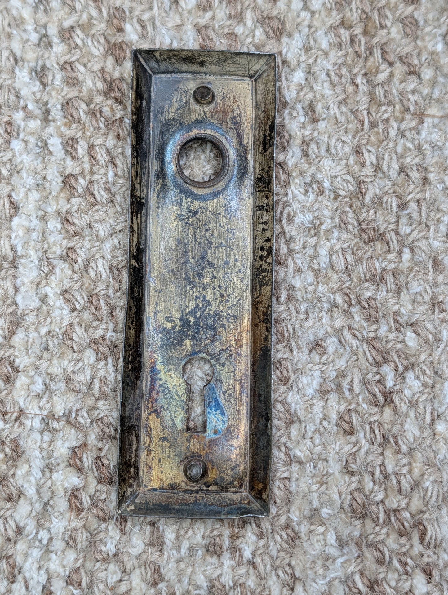 1 1/2" x 4 13/16" Antique Stamped Steel Door Knob Plate