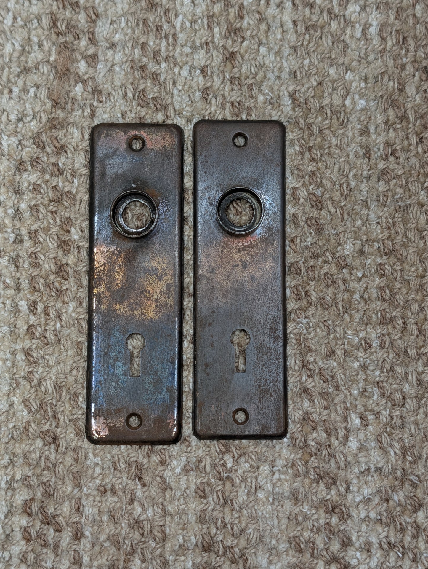 Pair 1 5/8" x 5 1/2" Antique Stamped Steel Door Knob Plates