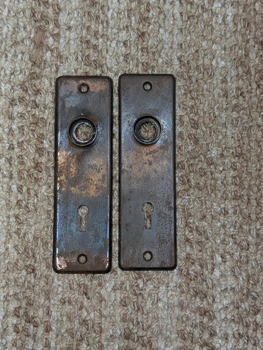 Pair 1 5/8" x 5 1/2" Antique Stamped Steel Door Knob Plates