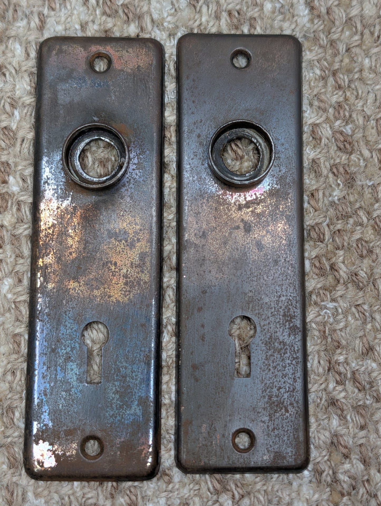Pair 1 5/8" x 5 1/2" Antique Stamped Steel Door Knob Plates