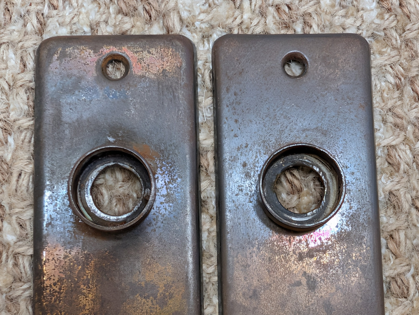 Pair 1 5/8" x 5 1/2" Antique Stamped Steel Door Knob Plates