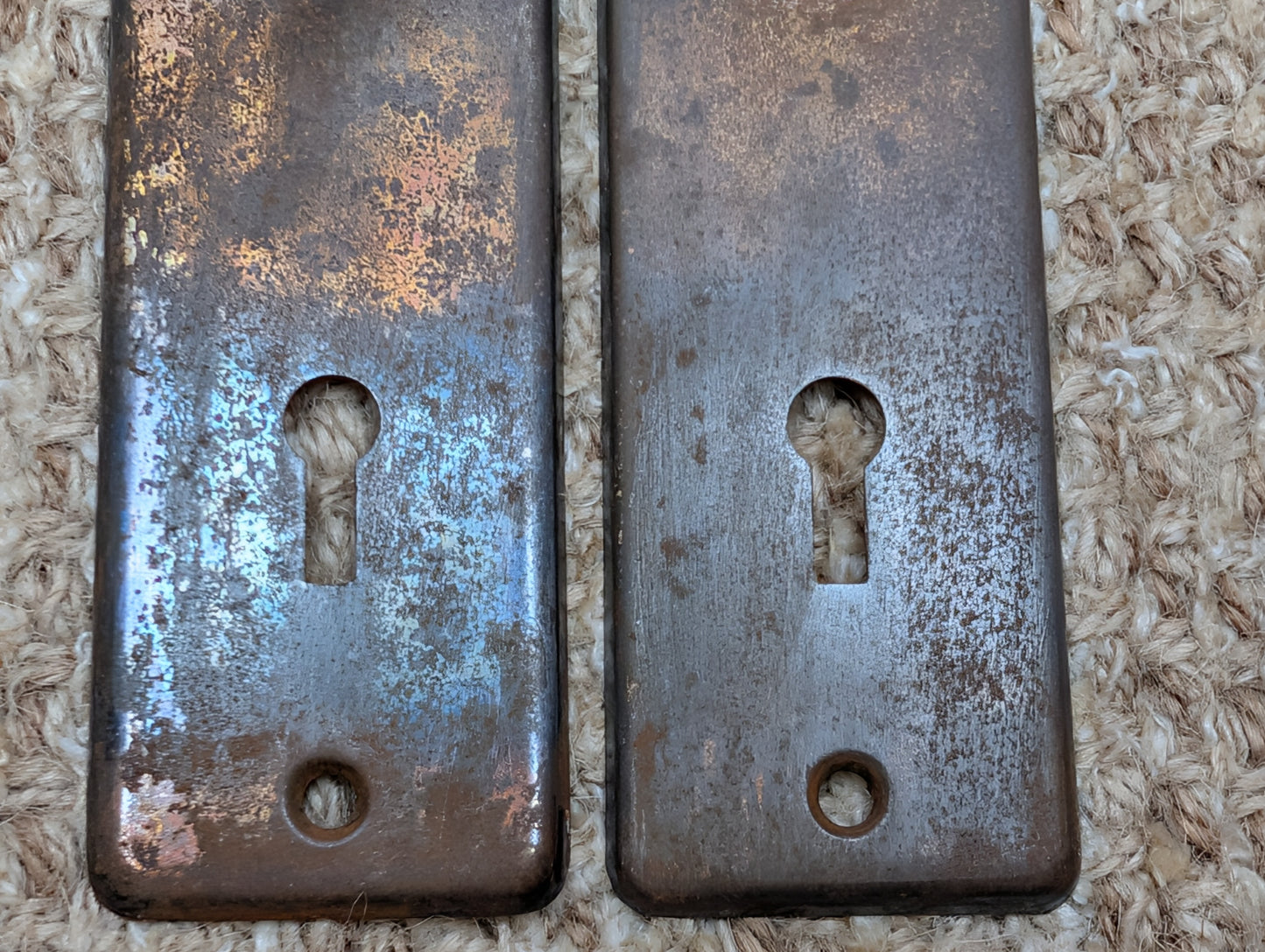 Pair 1 5/8" x 5 1/2" Antique Stamped Steel Door Knob Plates