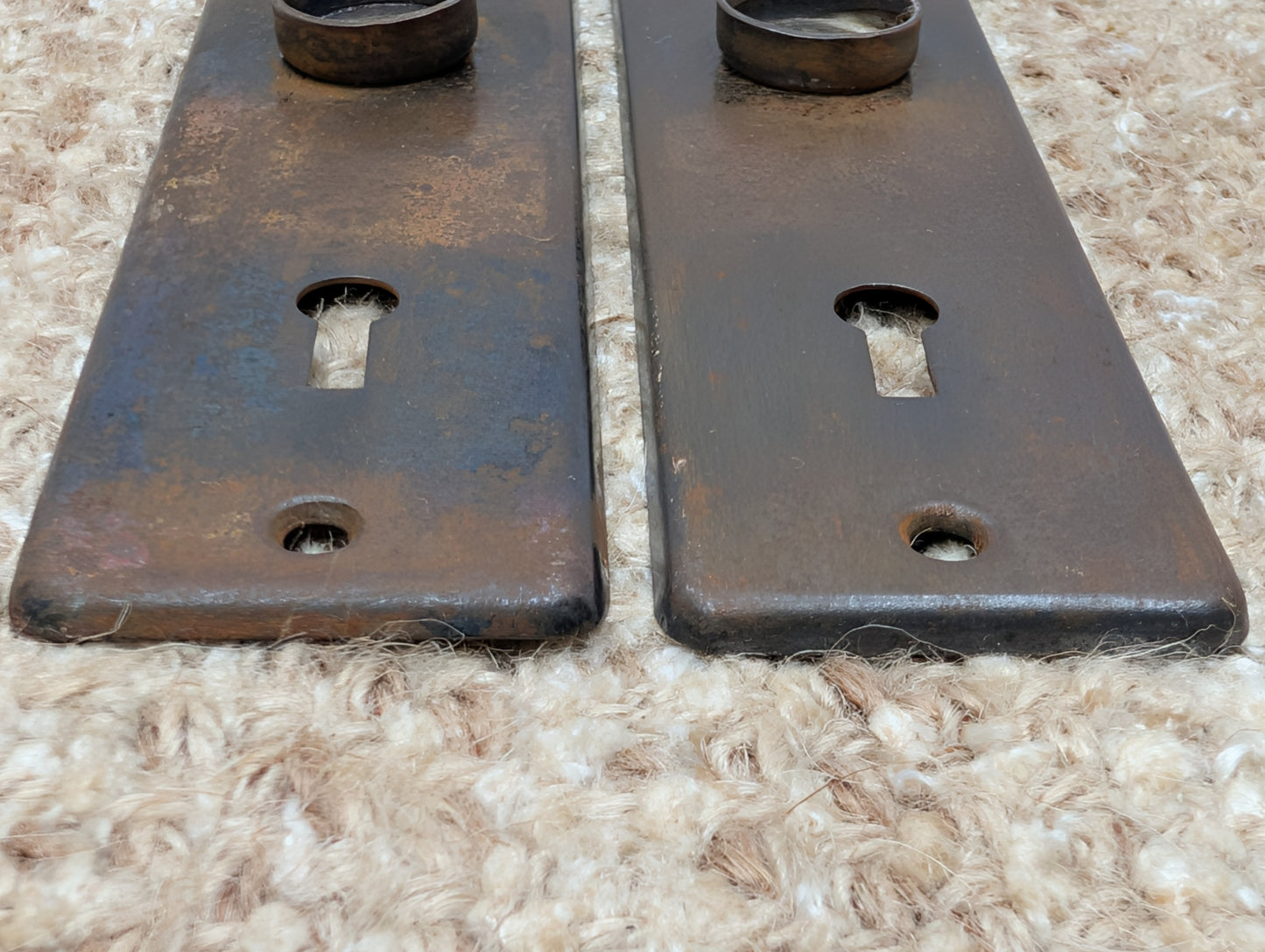 Pair 1 5/8" x 5 1/2" Antique Stamped Steel Door Knob Plates