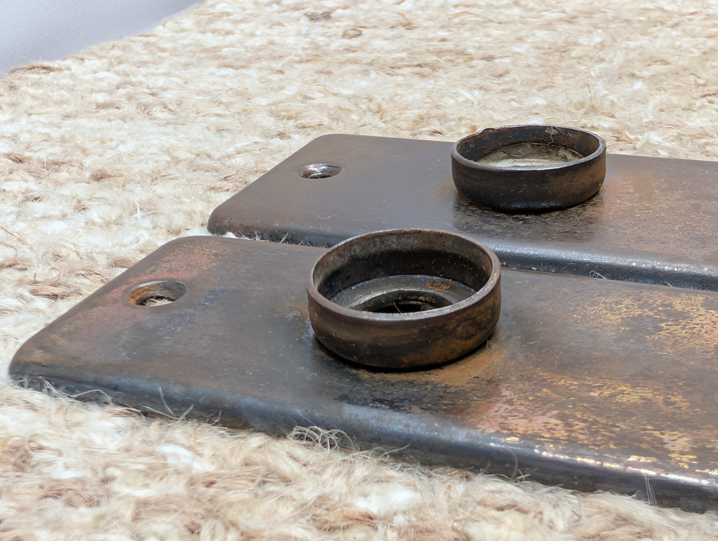 Pair 1 5/8" x 5 1/2" Antique Stamped Steel Door Knob Plates