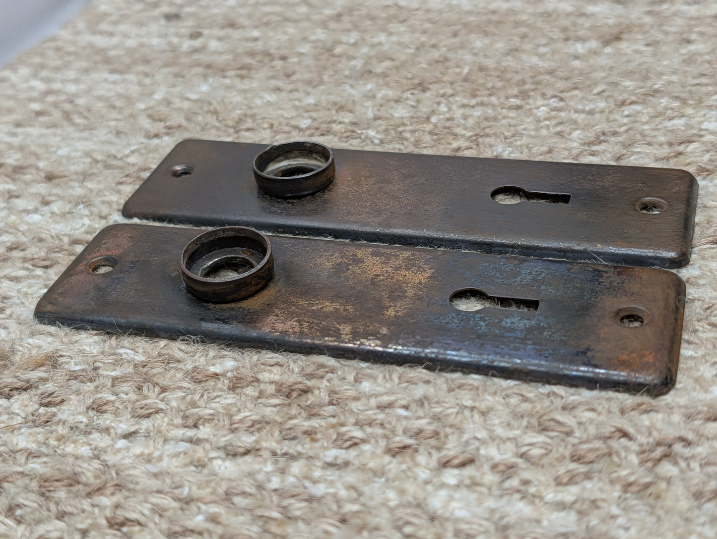 Pair 1 5/8" x 5 1/2" Antique Stamped Steel Door Knob Plates