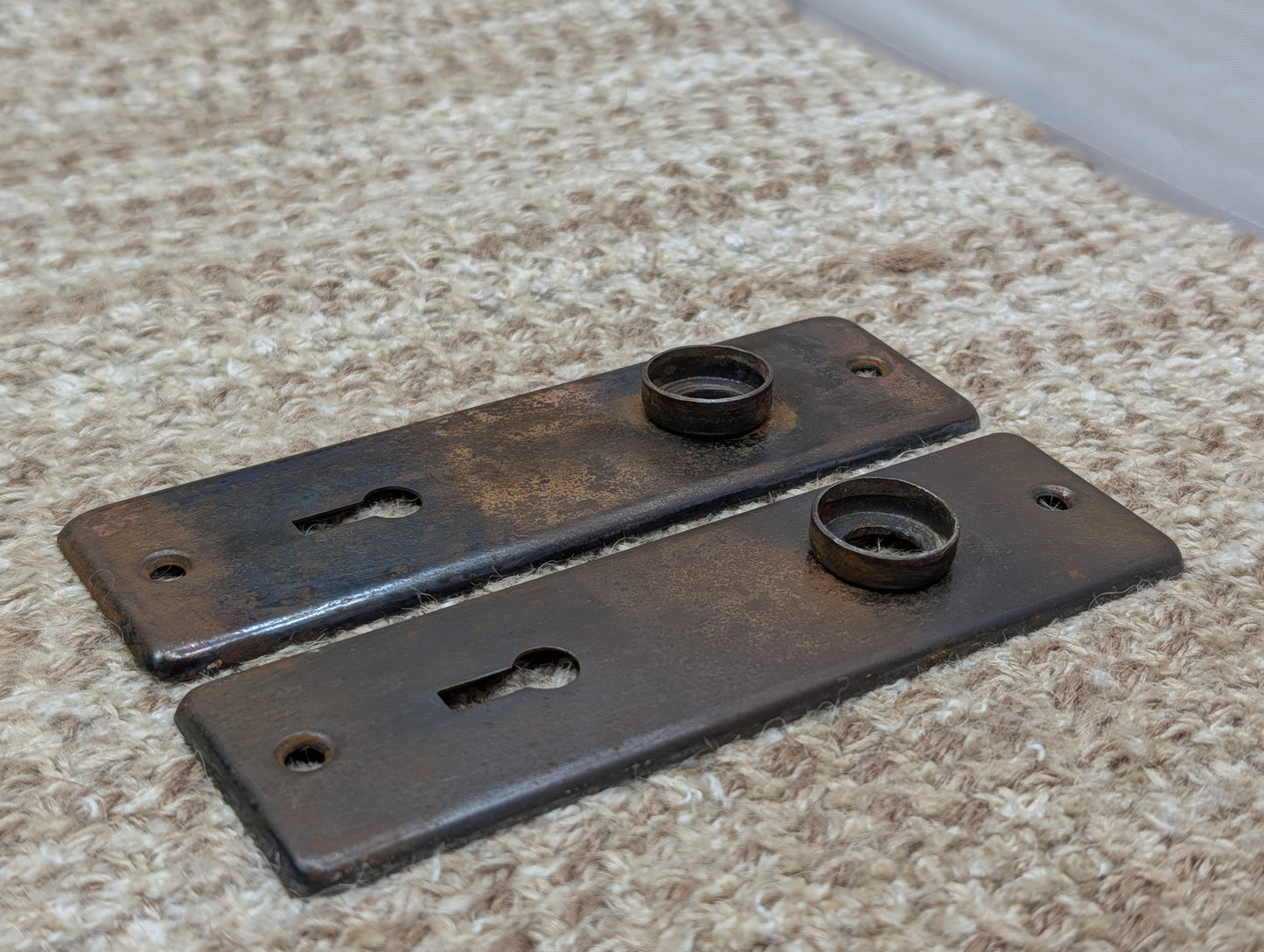 Pair 1 5/8" x 5 1/2" Antique Stamped Steel Door Knob Plates