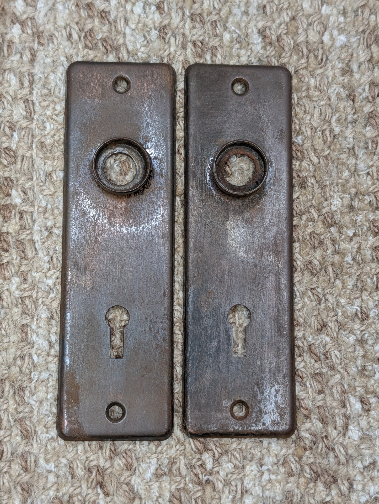 Pair 1 5/8" x 5 1/2" Antique Stamped Steel Door Knob Plates