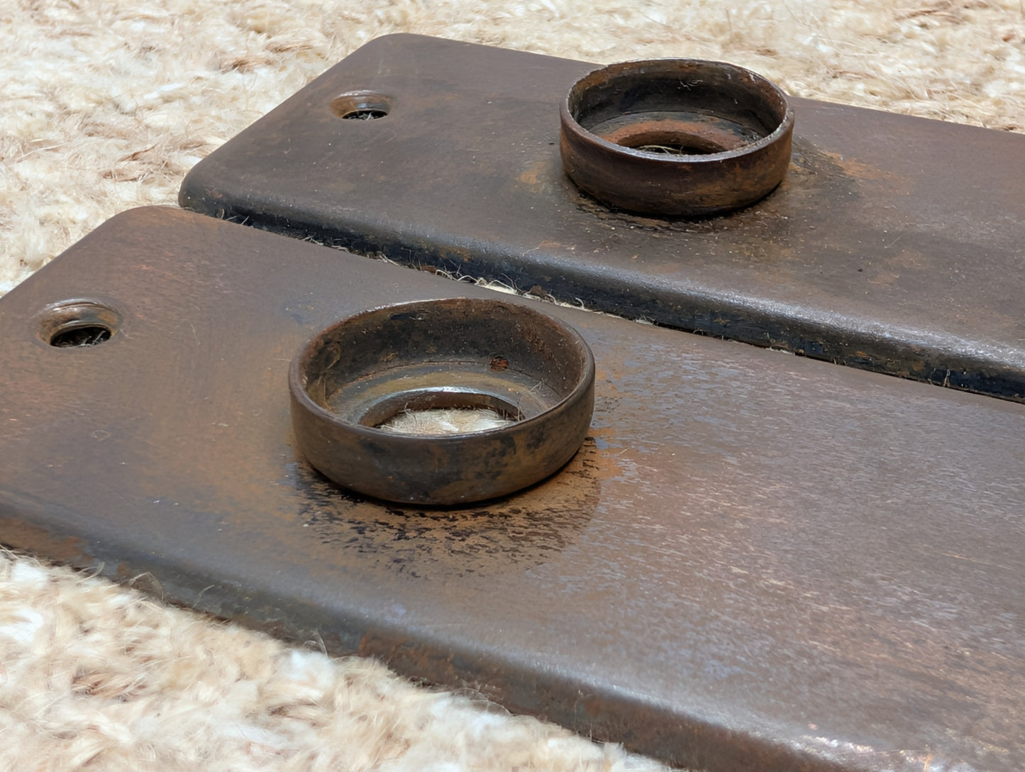 Pair 1 5/8" x 5 1/2" Antique Stamped Steel Door Knob Plates