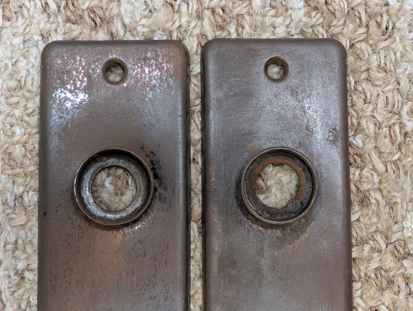 Pair 1 5/8" x 5 1/2" Antique Stamped Steel Door Knob Plates