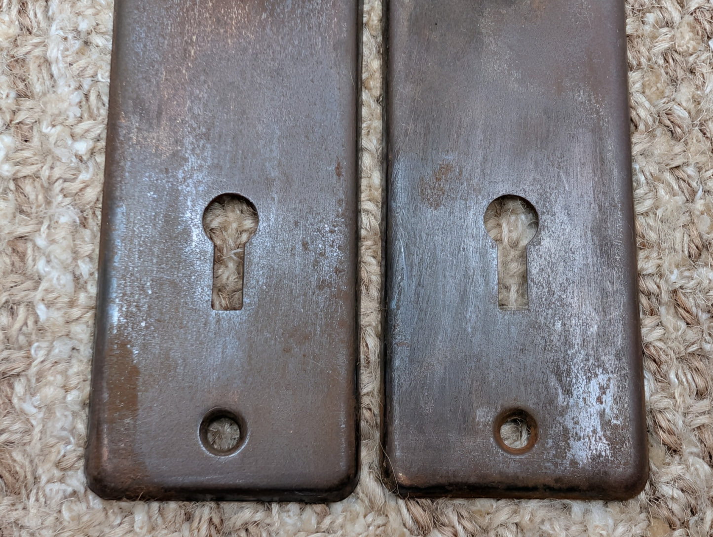 Pair 1 5/8" x 5 1/2" Antique Stamped Steel Door Knob Plates