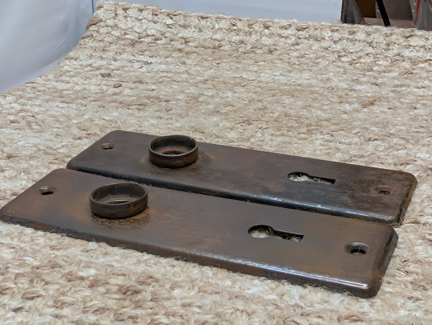 Pair 1 5/8" x 5 1/2" Antique Stamped Steel Door Knob Plates