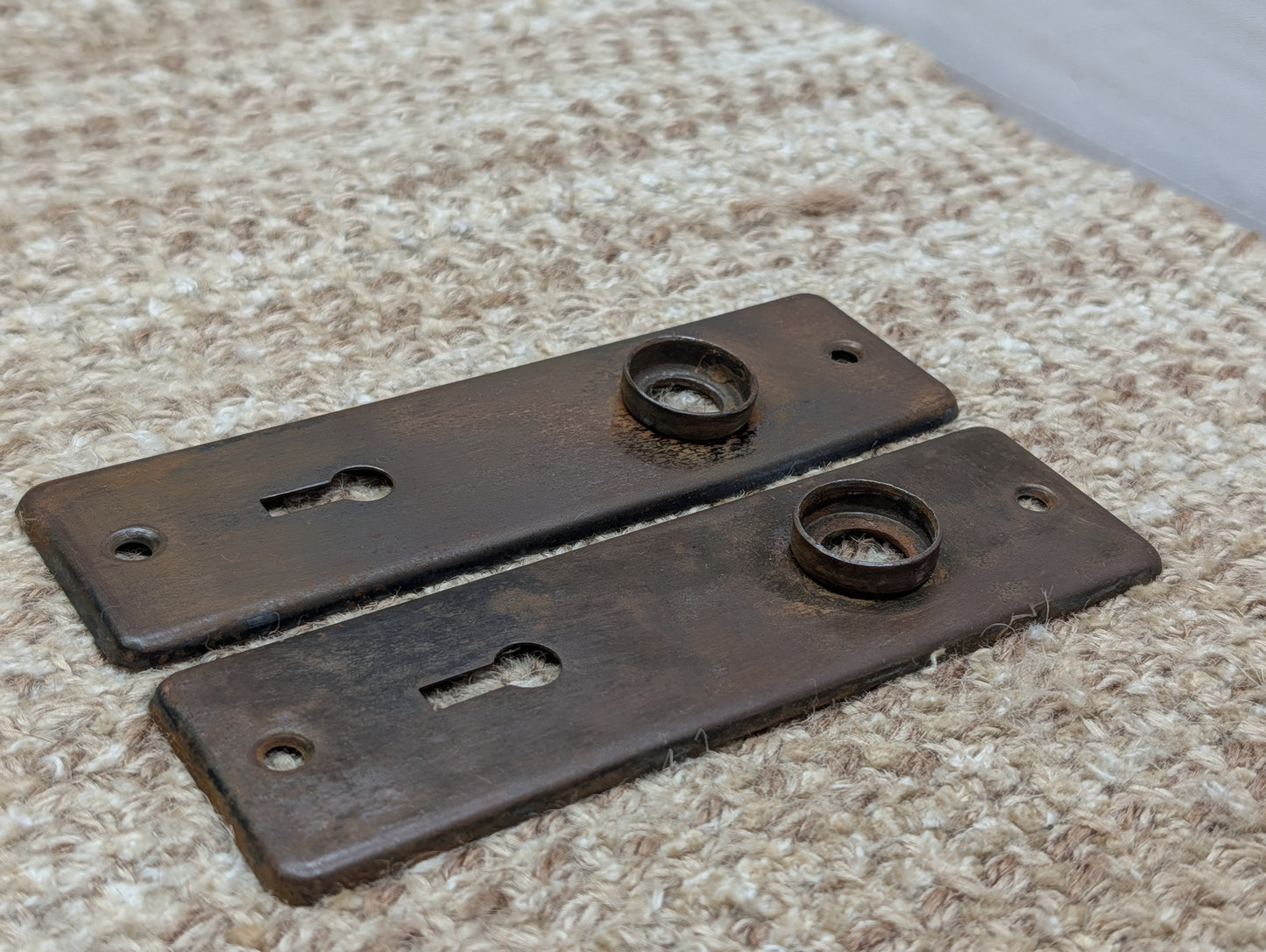 Pair 1 5/8" x 5 1/2" Antique Stamped Steel Door Knob Plates