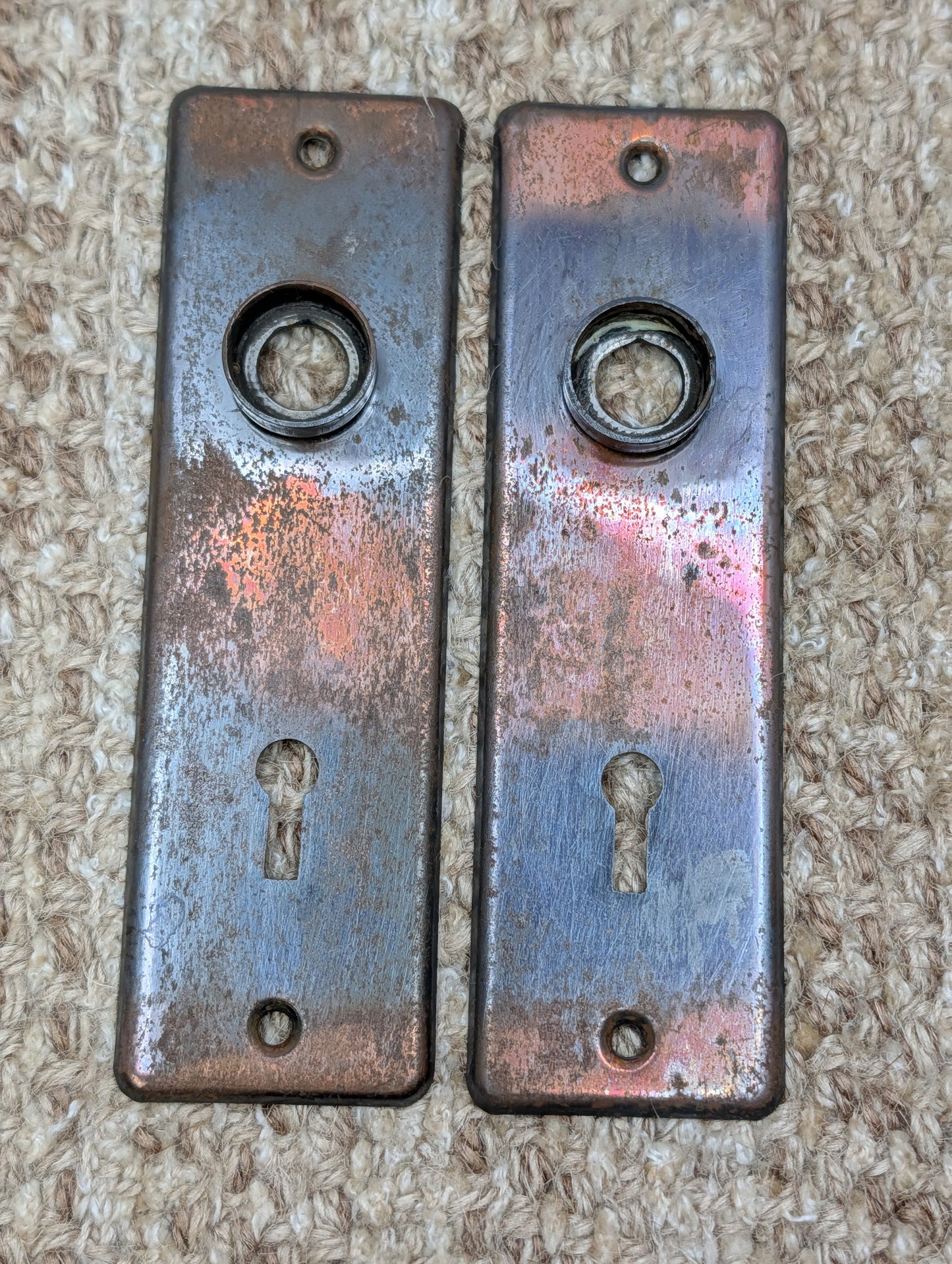 Pair 1 5/8" x 5 1/2" Antique Stamped Steel Door Knob Plates