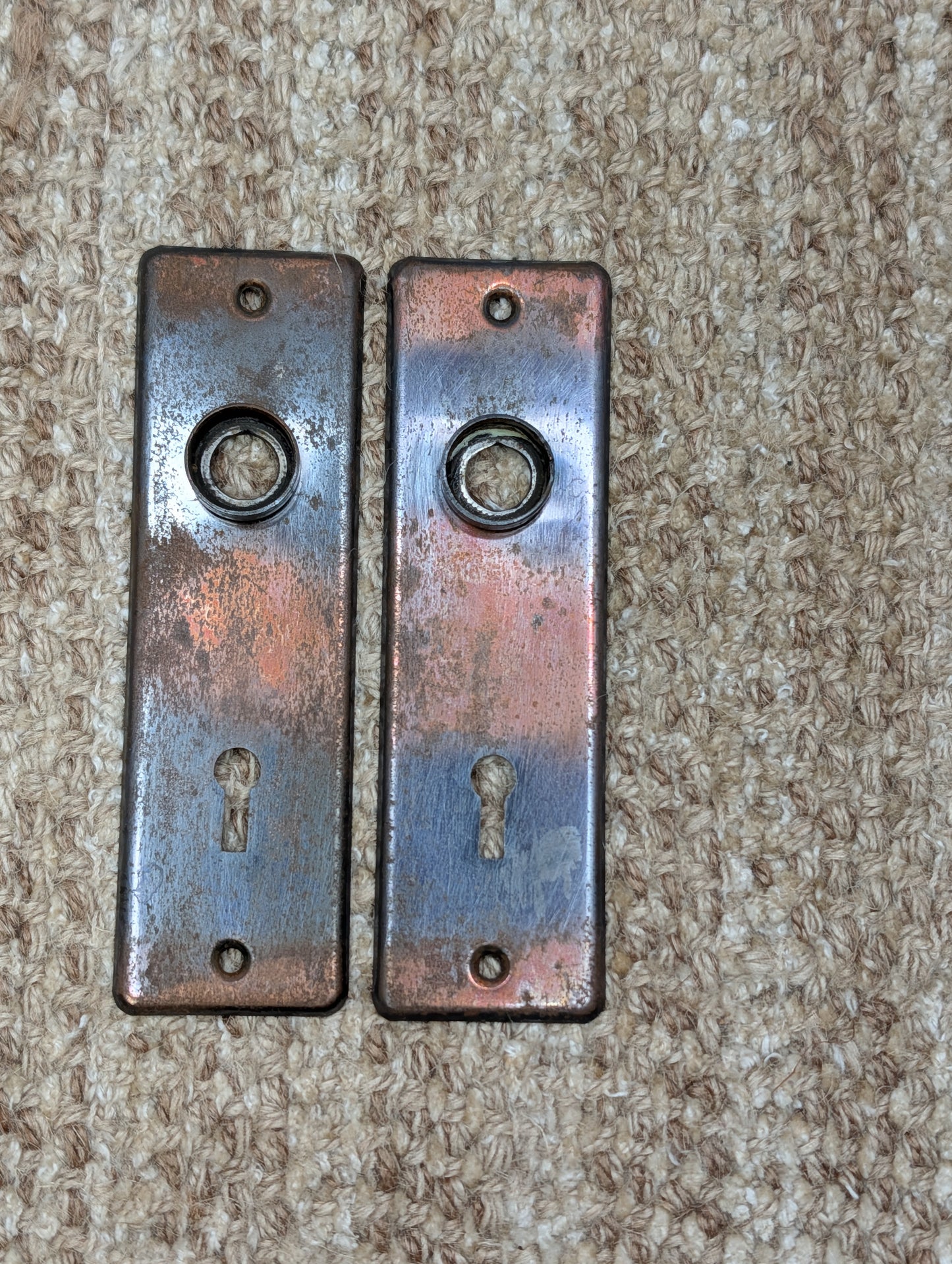 Pair 1 5/8" x 5 1/2" Antique Stamped Steel Door Knob Plates