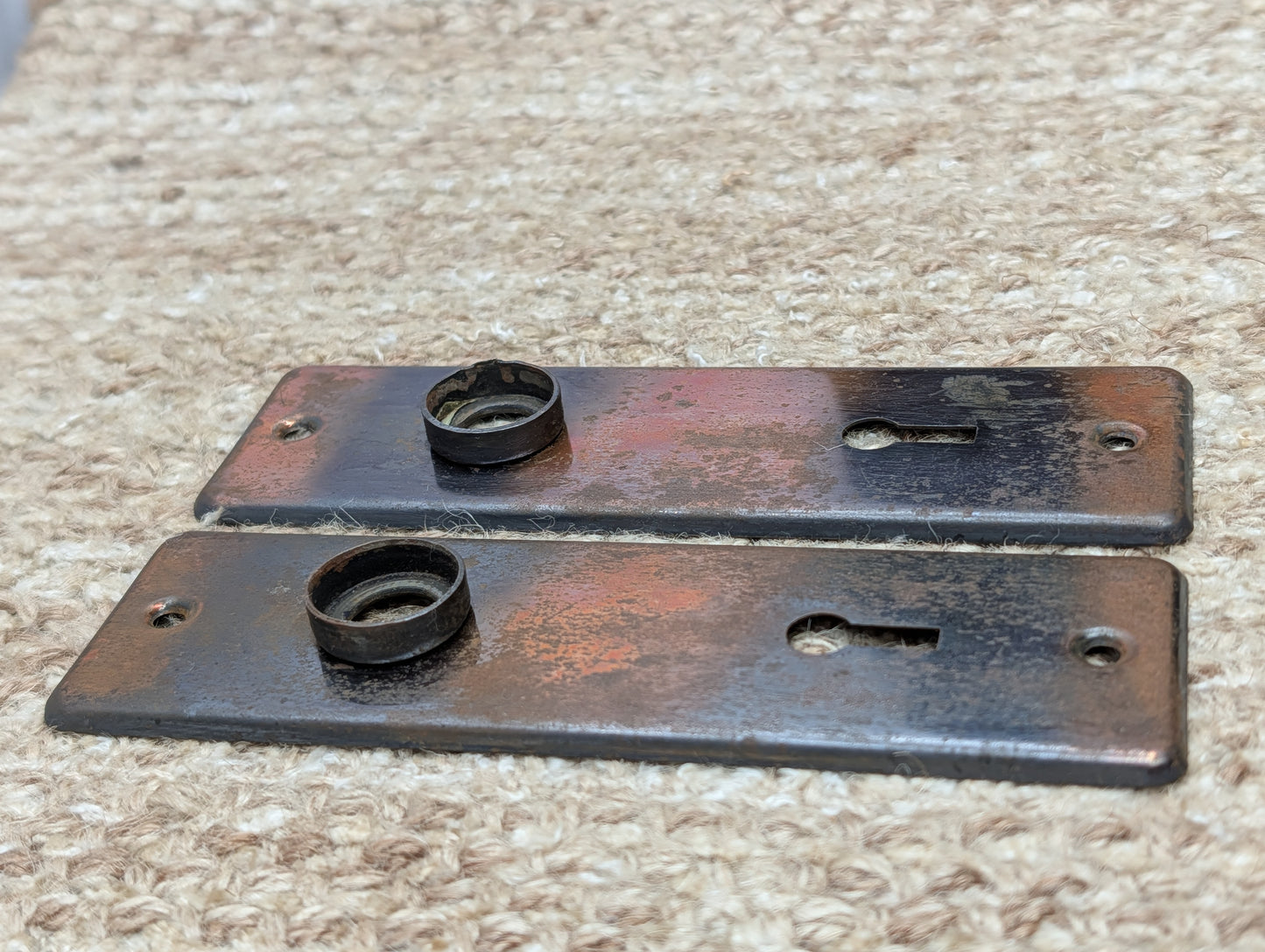 Pair 1 5/8" x 5 1/2" Antique Stamped Steel Door Knob Plates