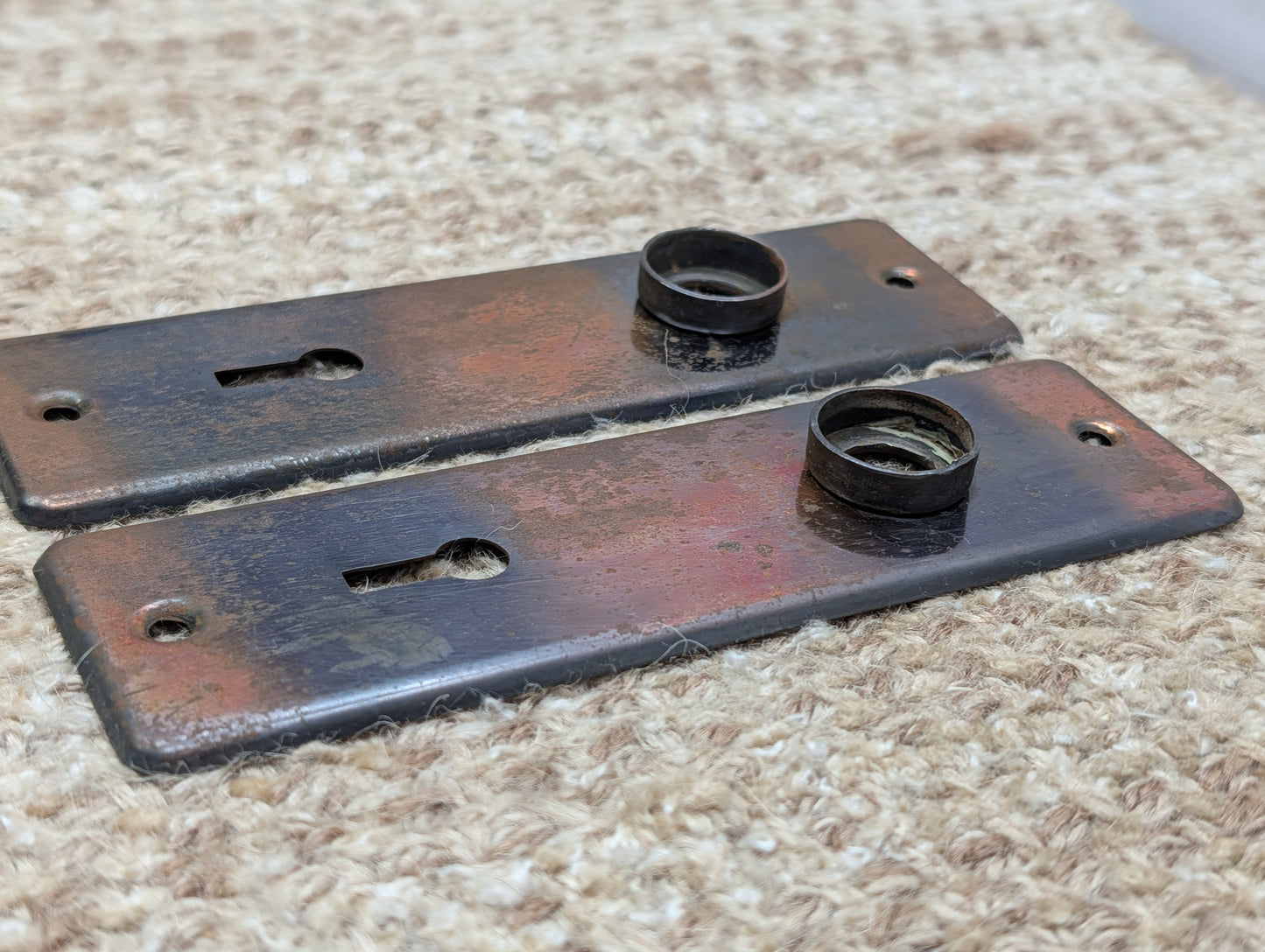 Pair 1 5/8" x 5 1/2" Antique Stamped Steel Door Knob Plates