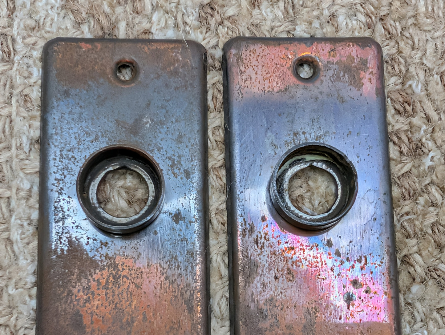 Pair 1 5/8" x 5 1/2" Antique Stamped Steel Door Knob Plates