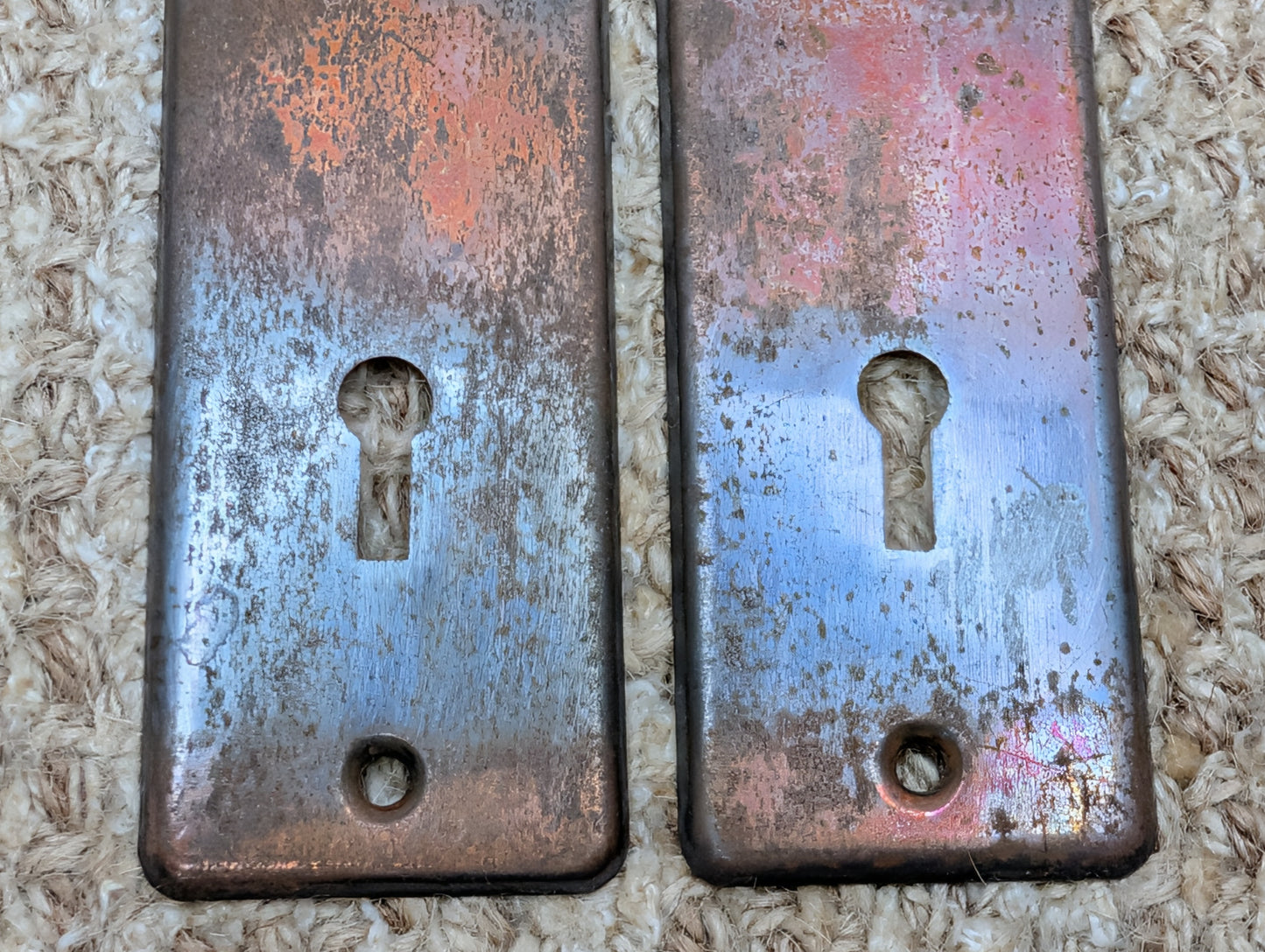 Pair 1 5/8" x 5 1/2" Antique Stamped Steel Door Knob Plates