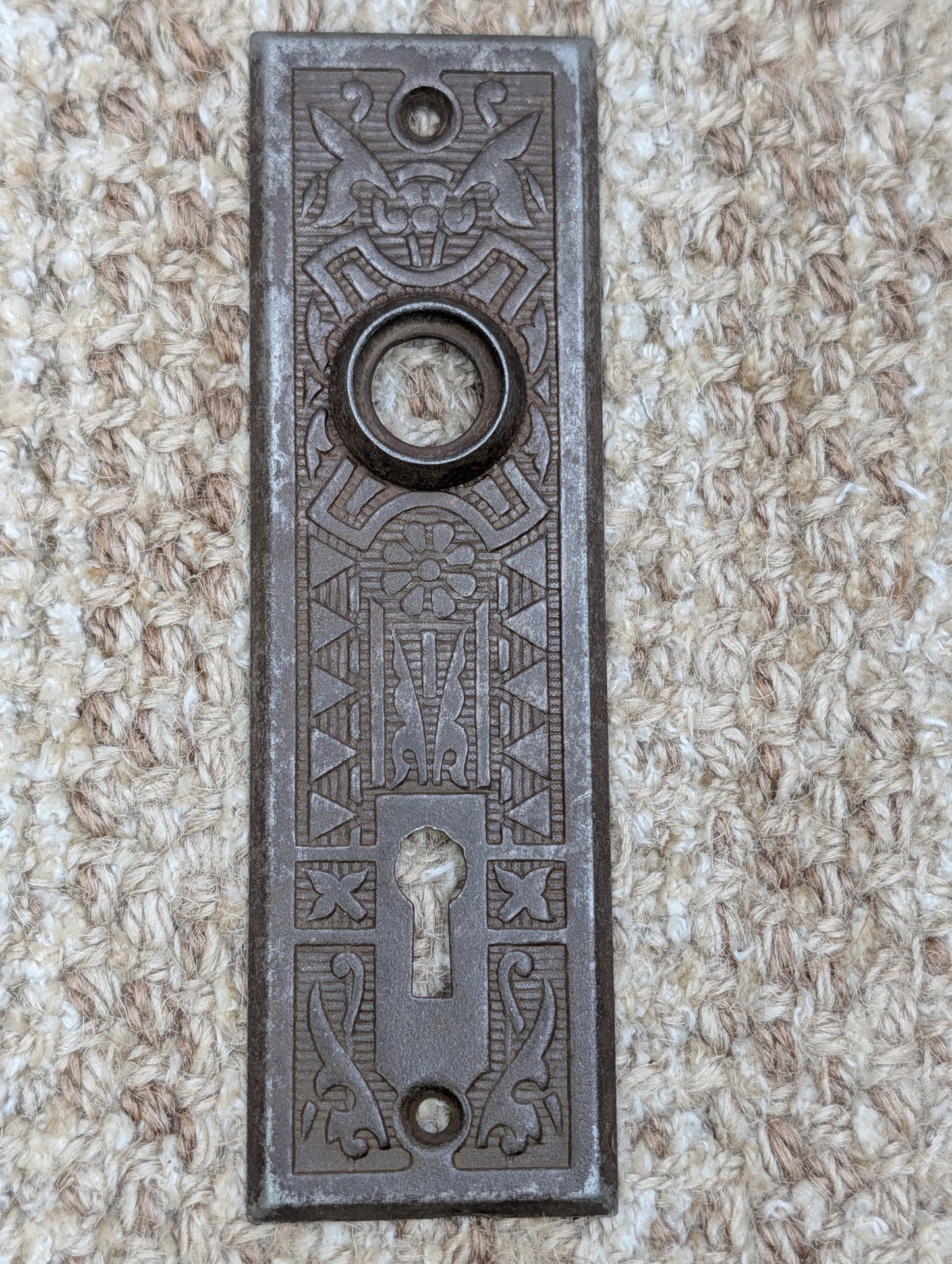 1 5/8" x 5 1/2" Antique Sargent Stamped Steel Door Knob Plates Circa 1890