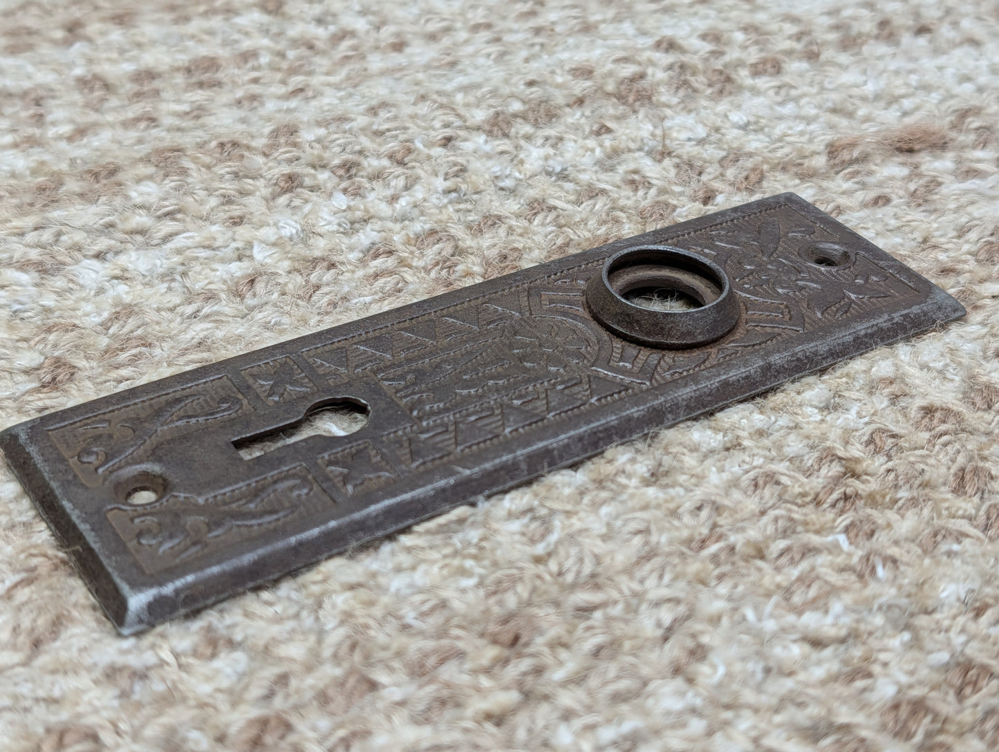 1 5/8" x 5 1/2" Antique Sargent Stamped Steel Door Knob Plates Circa 1890