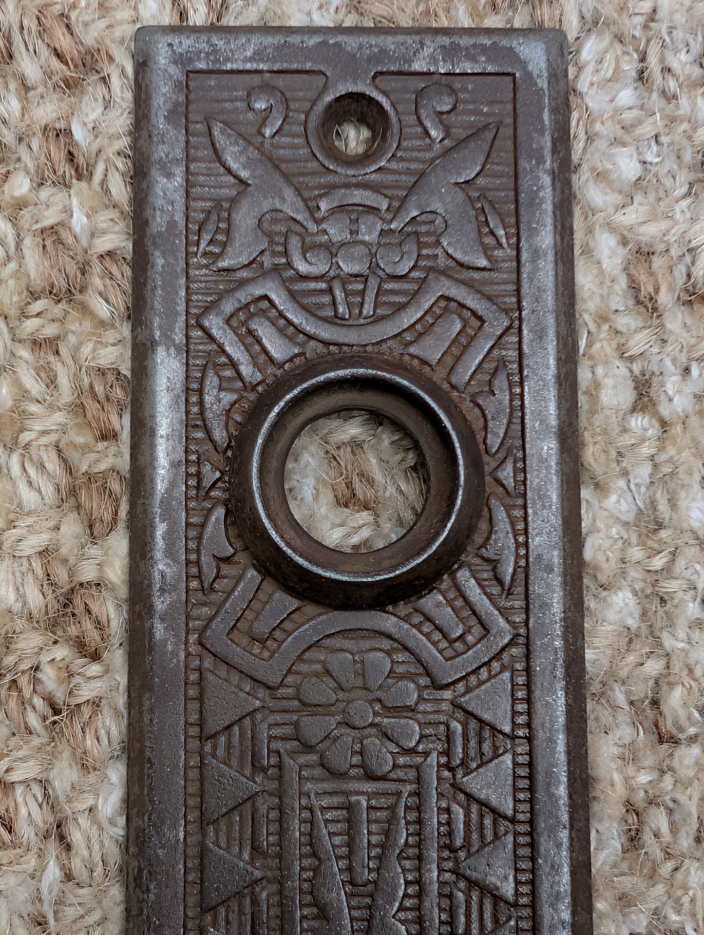 1 5/8" x 5 1/2" Antique Sargent Stamped Steel Door Knob Plates Circa 1890