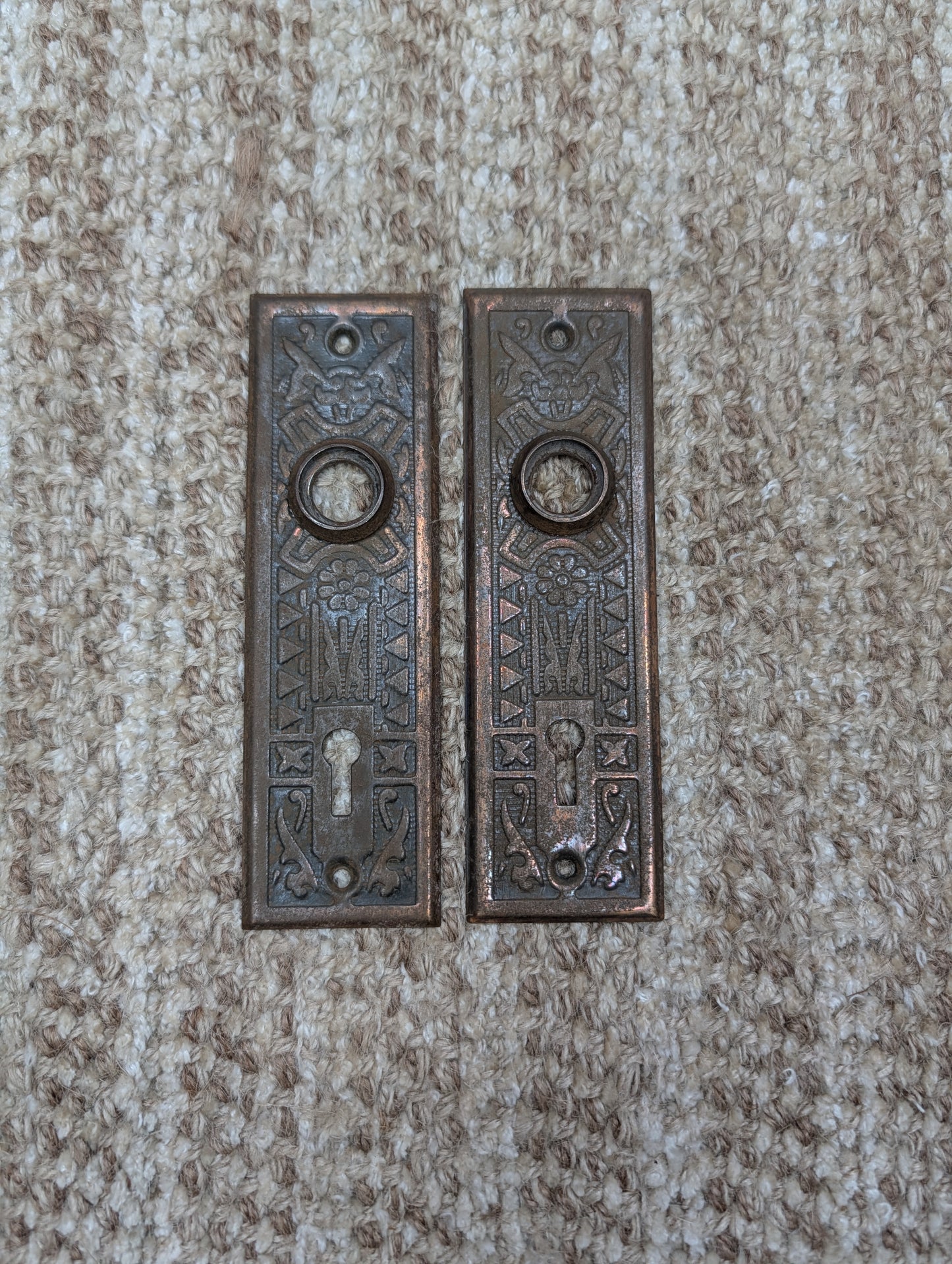 Pair 1 5/8" x 5 1/2" Antique Sargent Stamped Steel Door Knob Plates Circa 1890